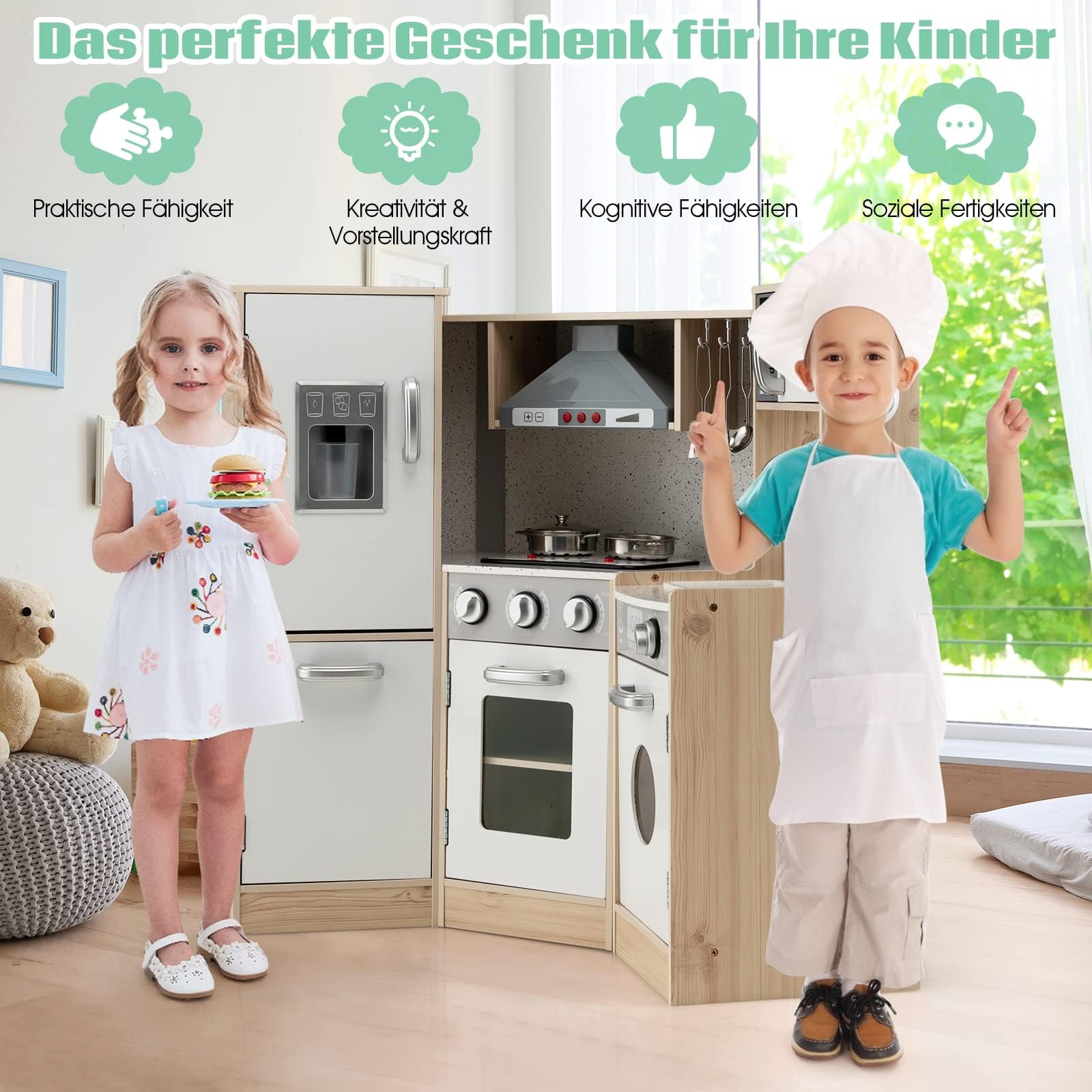 FANTASK Kinderküche mit zubehör, Spielküche Holz mit Licht & Sound, Eckküche Kinder inkl. Spüle Ofen Mikrowelle Kochherd, Spielzeugküche für Kinder ab 3 Jahren, Modell 1