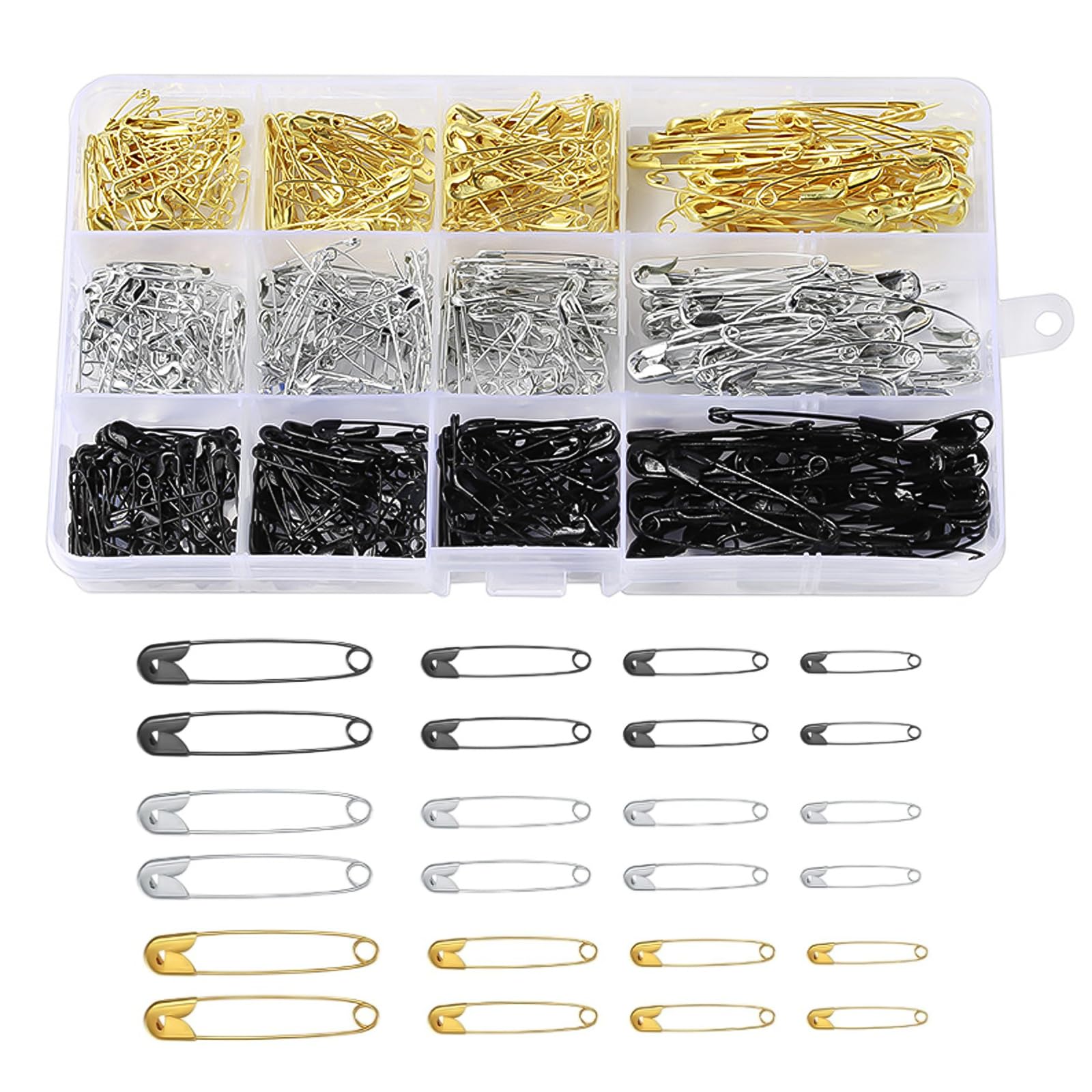 FUZVOL 540 Pieces 4 Sizes Safety Pins Assorted, Clothes Safety Pins Durable Small Medium Large Pin Rust-Resistant for Crafts Sewing Clothing Arts, Home Office,Gold,Silver,Black-19mm/22mm/28mm/38mm
