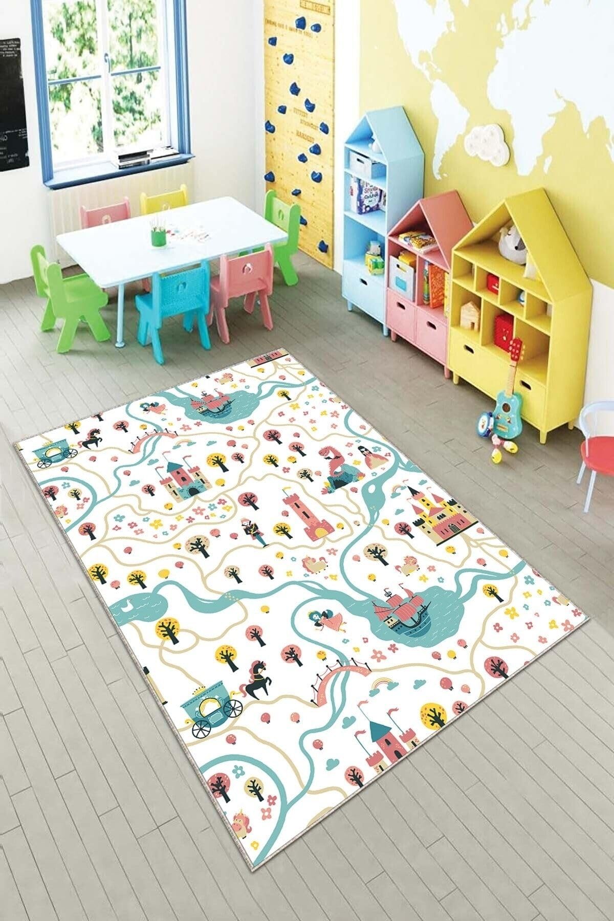 Pelangi Beyaz Şato Desenli Yıkanabilir Kaymaz Taban Leke Tutmazbebek Ve Çocuk Odası Halısı, Beyaz-Mavi 120 x 160