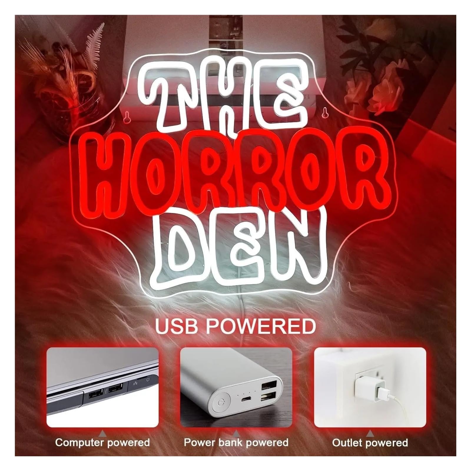 Insegna al Neon LED Insegna Al Neon The Horror Den Con Luce LED Dimmerabile Tramite USB Per Decorazioni Horror, Feste, Club, Sala Giochi, 38cmx29cm