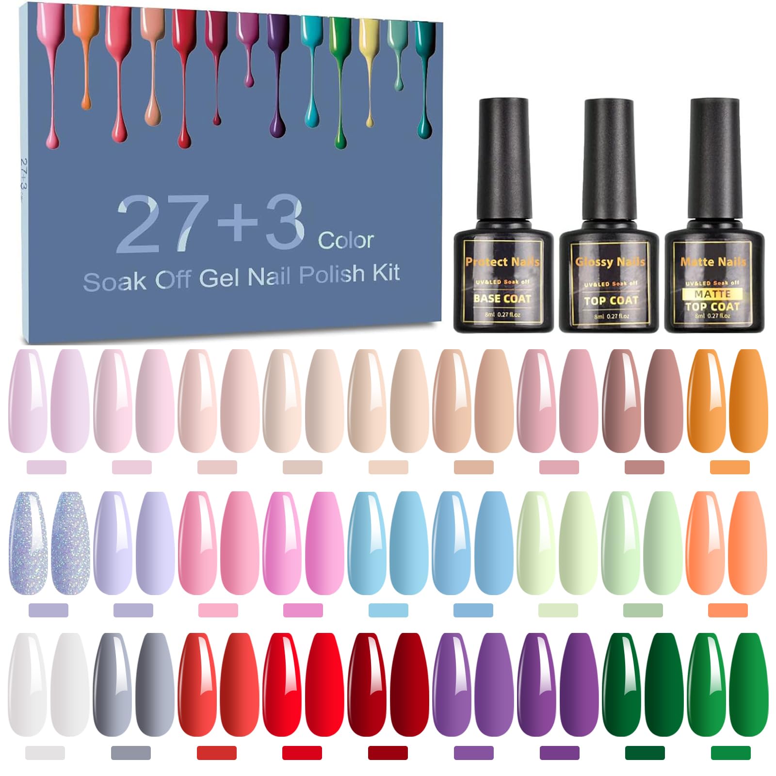Esmalte Semipermanente Gel UV LED, 30Pcs Pintauñas Semipermanentes Kit 27 Colores Esmalte de Uñas Vibrante con Base, Capa Superior Brillante y Mate Uñas de Pintauñas, 8ML