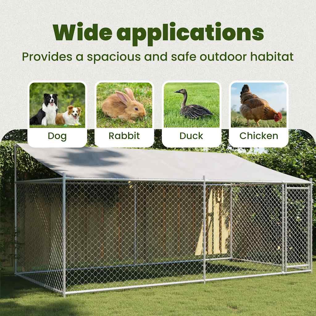 vidaXL Jaula de Perros Techo y Puerta, Perrera de Malla para Cachorros, Corral para Animales, Caseta de Exterior, Acero Galvanizado Gris