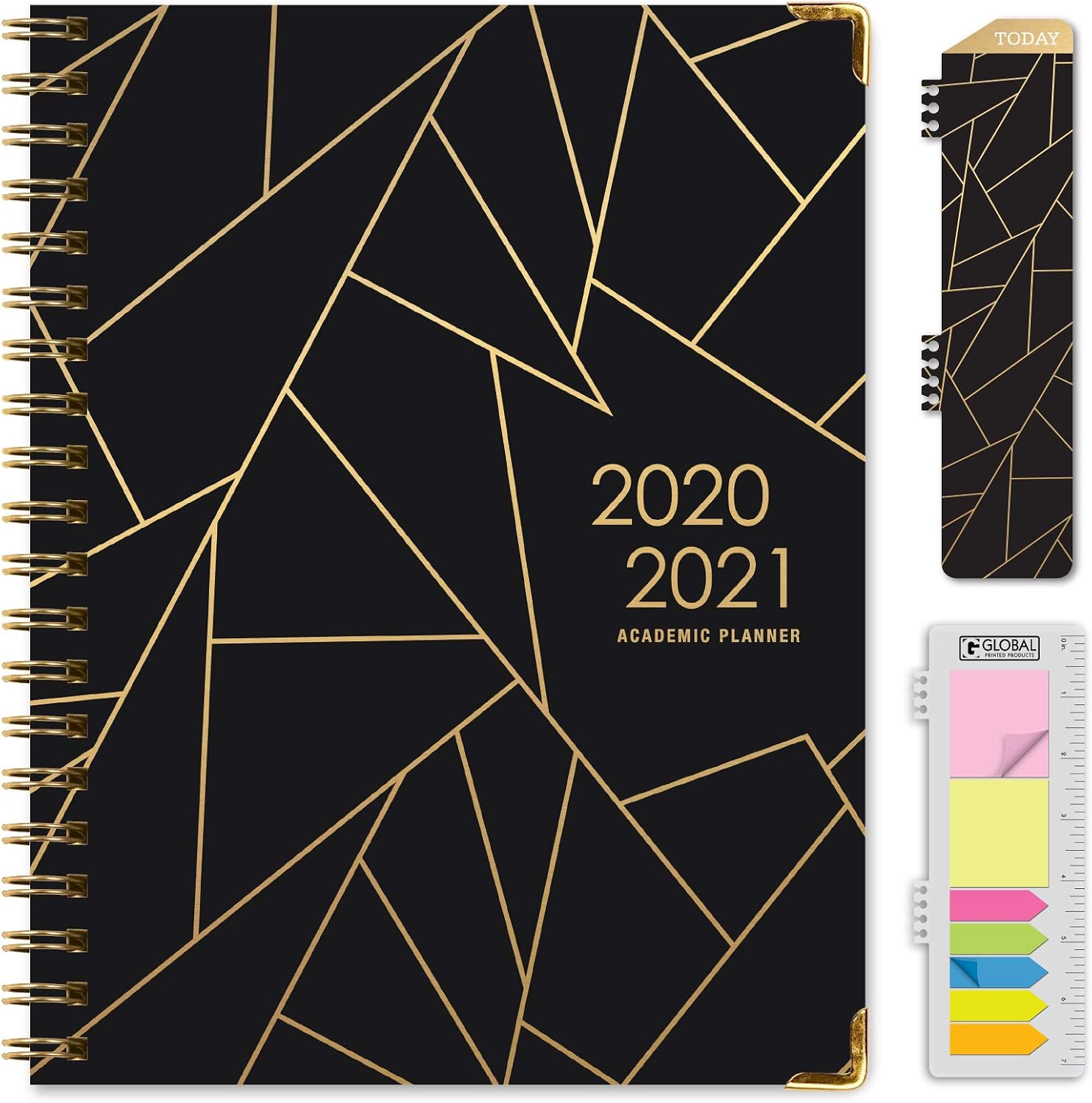 HARDCOVER Academic Year 2020-2021 Planner: (June 2020 Through July 2021) 8.5"x11" Daily Weekly Monthly Planner Yearly Agenda. Bookmark, Pocket Folder and Sticky Note Set (Black Gold Triangles)