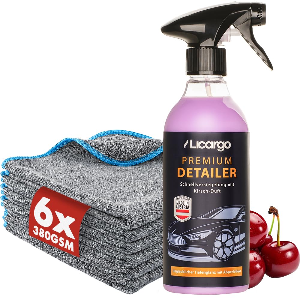 LICARGO® Detailer Auto Set 500ml inkl. 6 Premium Mikrofasertücher • Komplett-Set für Glanz & Abperleffekt • Quick Detailer Fahrzeug – Lack- & Sprühversiegelung Lackschutz gegen Wasserflecken & Schmutz
