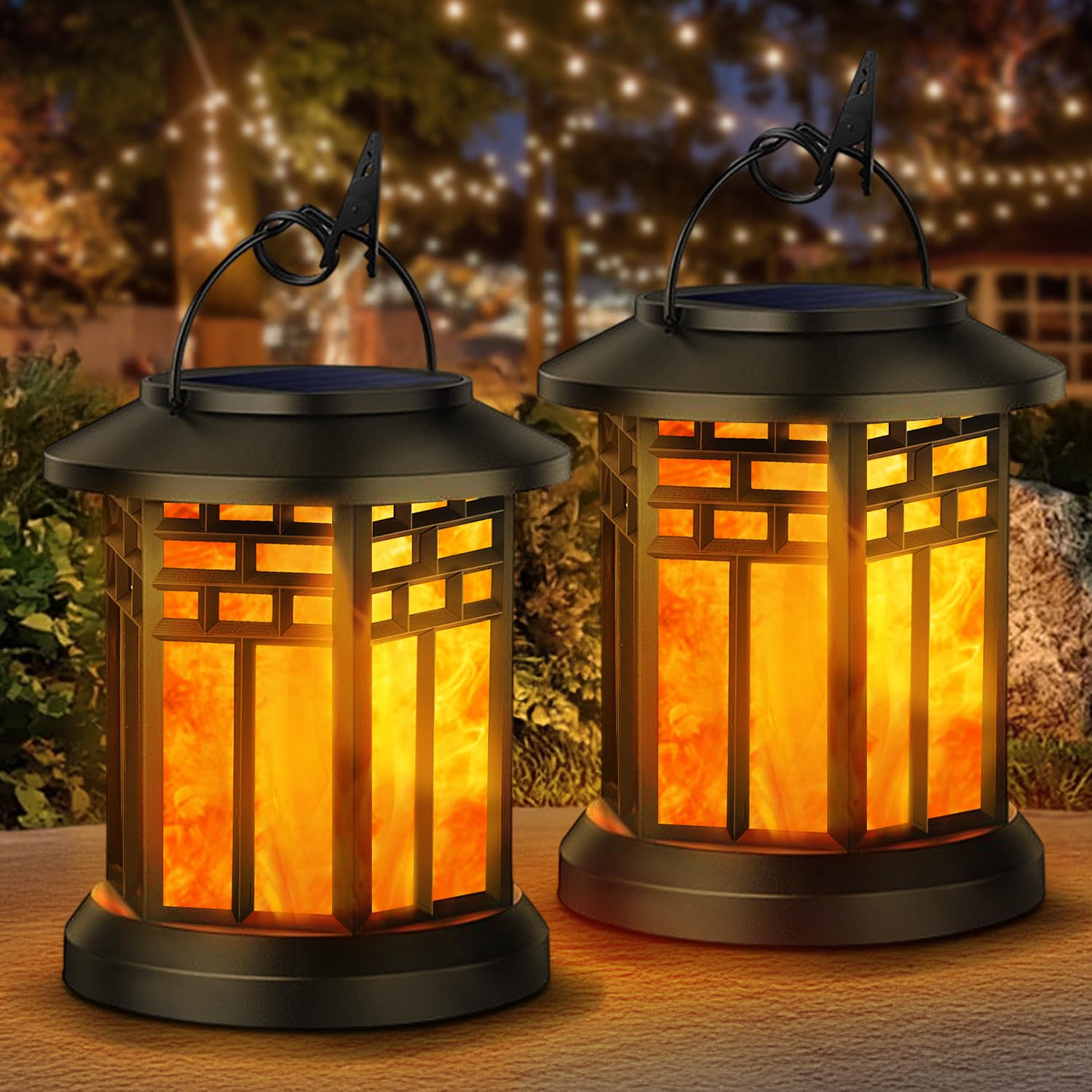Kalahol Black 2 Pack Solar Lanterns Outdoor Garden, Hanging Solar Garden Lanterns With Realistic Flickering Flame, Waterproof Decorative Solar Garden Ornaments For Garden, Pathway, Patio, Table (Grid Style)