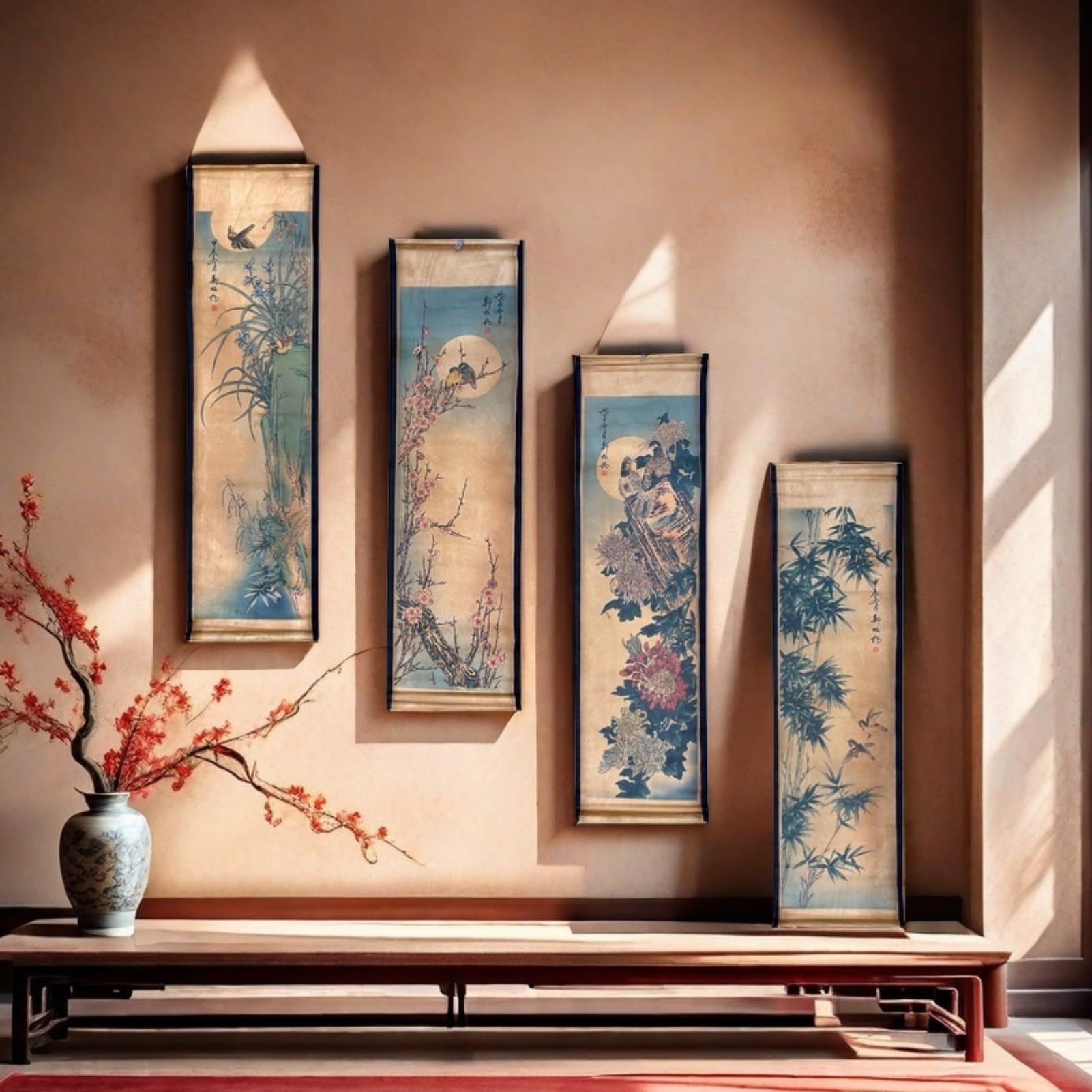 Wall Scroll Hanging Painting Decor, Chinese Traditional Art Set of 4 Vintage Flower Paintings Ancient Painting Replica, Plum Orchid Bamboo Chrysanthemum