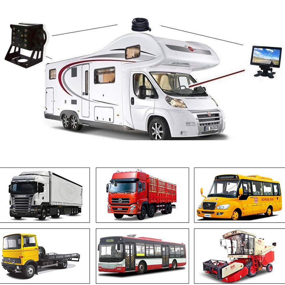 Sistema de Cámara de Marcha Atrás, Monitor TFT LCD HD 7", 12V-24V | Cámara marcha atrás impermeable 12V-24V, visión nocturna IR 8 LEDs, cable 15 m, para camiones, autocaravanas y cosechadoras