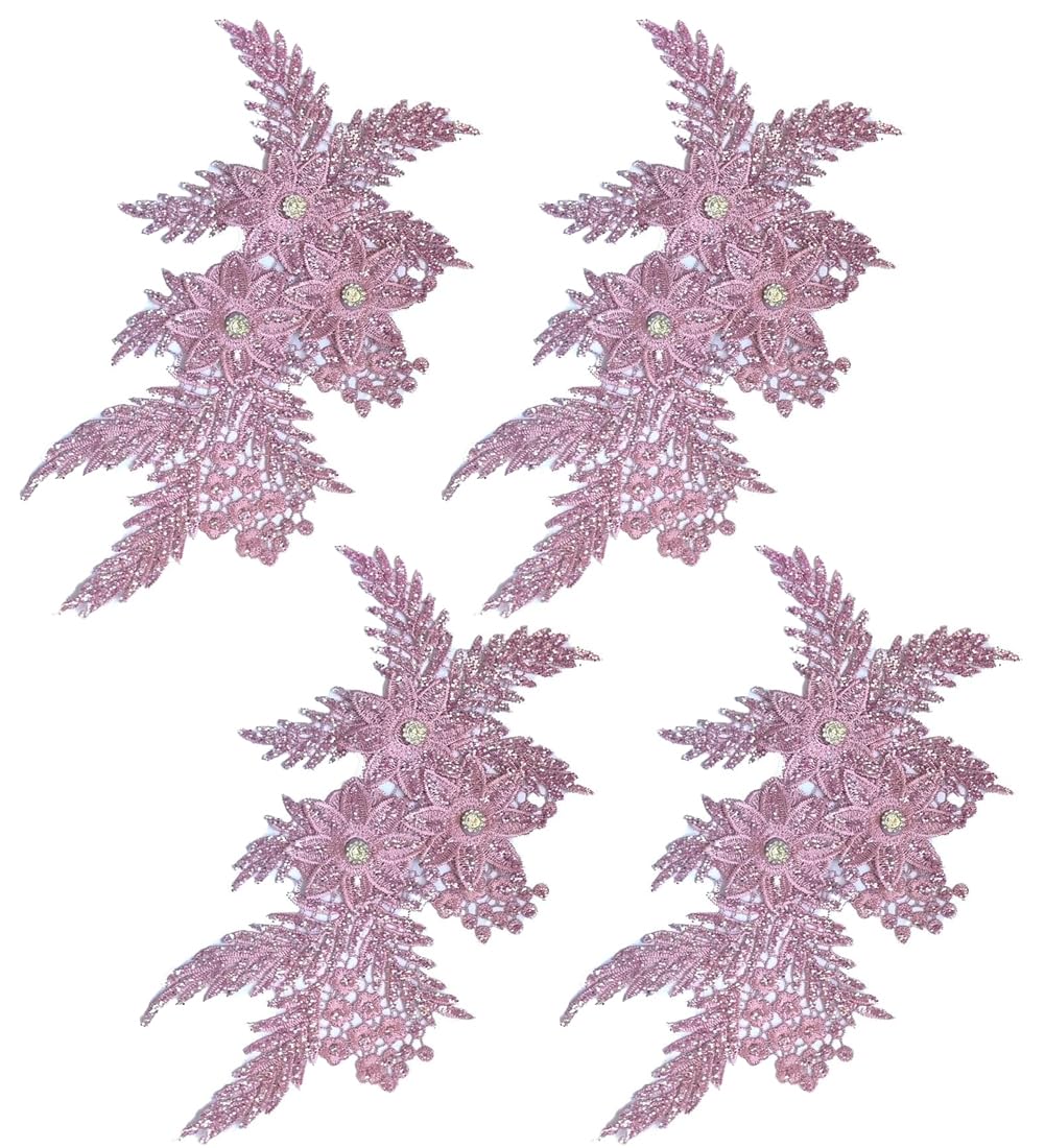 Aplikacje odzieżowe, Haftowane naszywki z tkaniny kwiatowej, 4 sztuki brokatowej aplikacji kryształkami(Pink)
