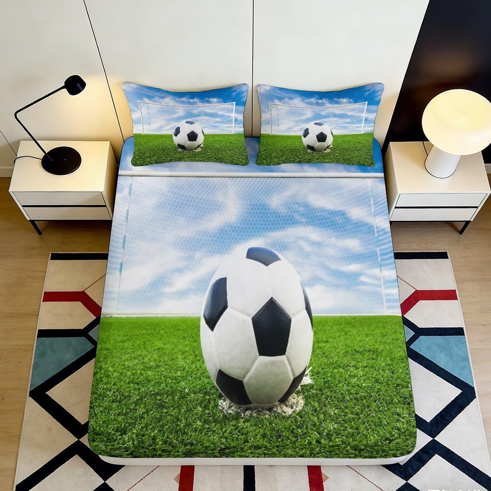 3D Printed Soccer Ball Fitted Sheet Microfiber Soft Breathable Football Field Bed Cover for Bedroom Dormitory Guest Room Mattress Protection Decor 120x200x25cm