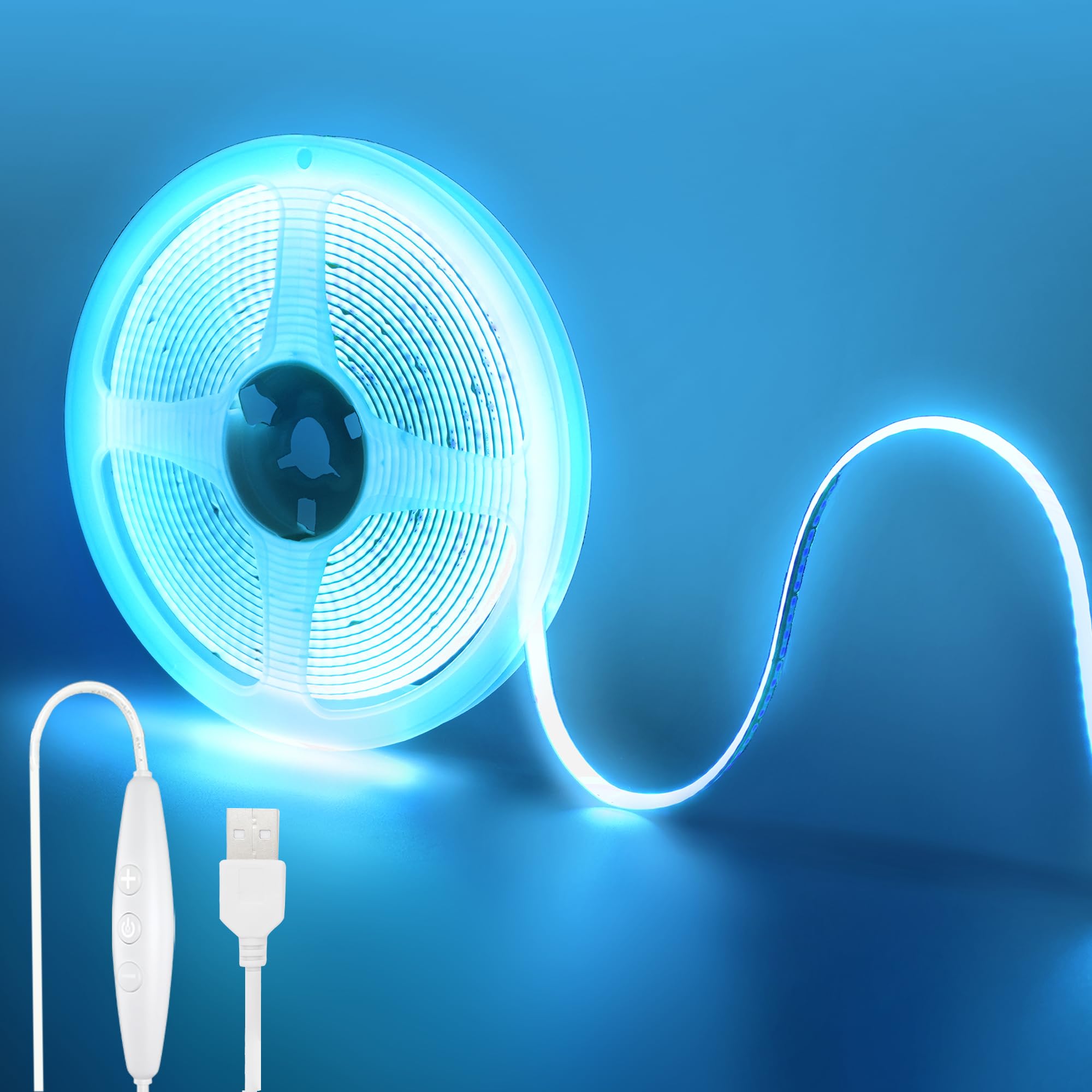 Clearhill 5V USB COB LED Strip Lights with Dimmable Switch,16.4FT/5M,Ice Blue,320LEDs/M,8mm Width,Not Waterproof IP20,1.5M USB Switch Cable,for DIY Home Indoor Decoration