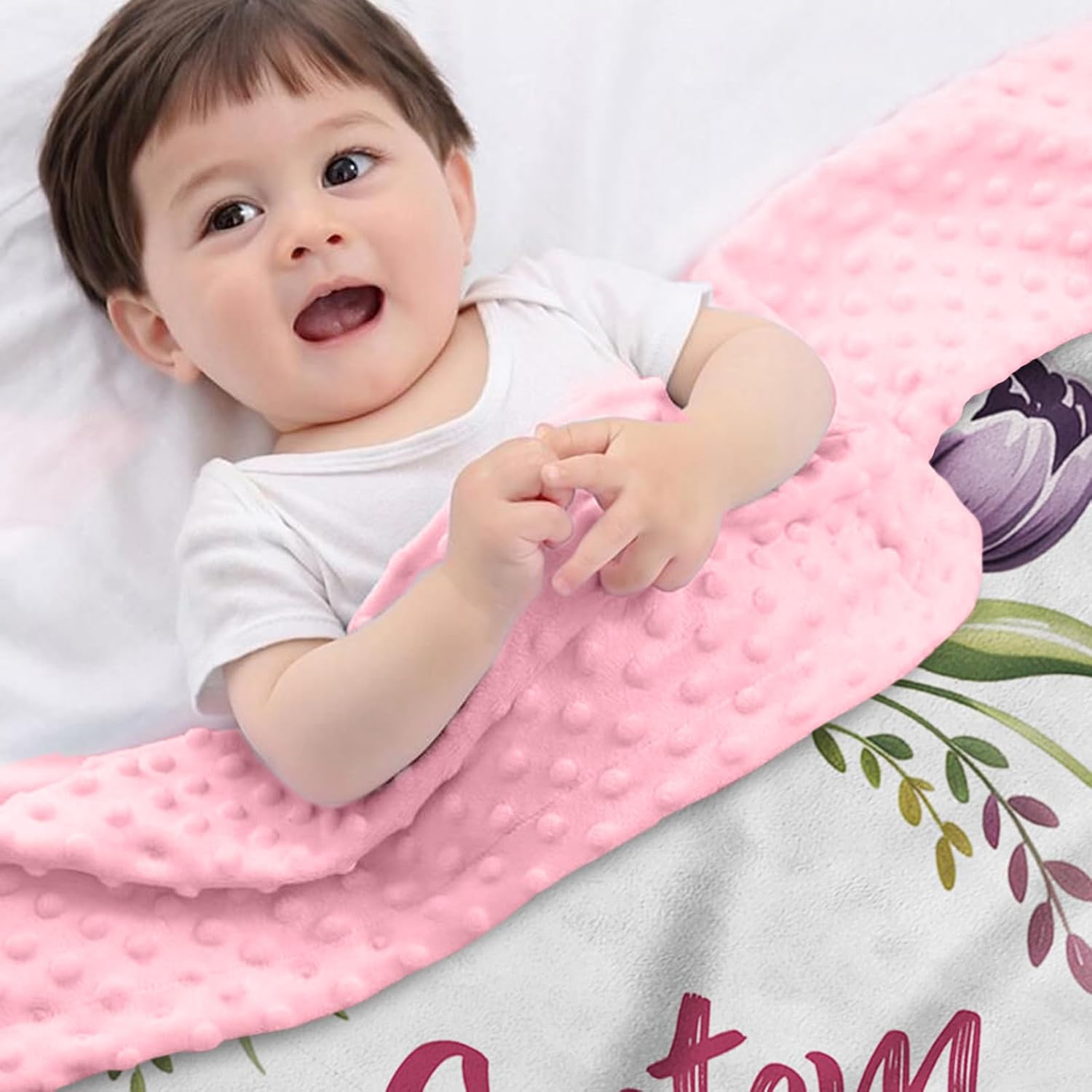 Personalized Baby Blankets with Name – Custom Sika Deer Baby Blanket for Girls, Flowers Pattern Infant Blankets with Soft Dotted Back, Nursery Bedding, Newborn Shower Gift
