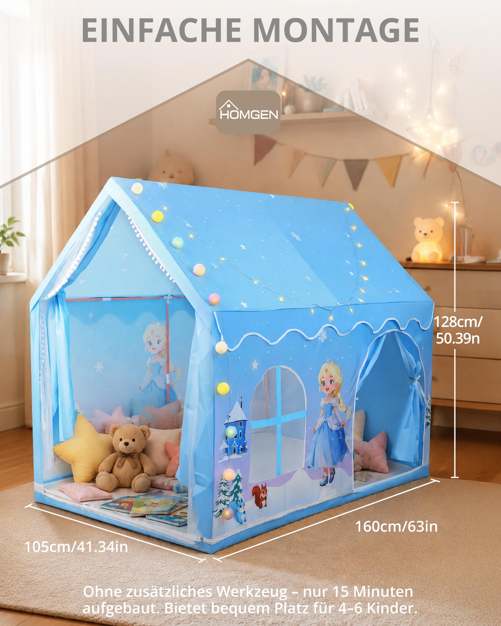 HOMGEN Kinderzelt mit Matte und Lichtern, Spielhaus Indoor für Kinder, Prinzessin Spielzelt für Kinderzimmer Deko & Lesezelt, für 3–12 Jahre,Mädchen und Jungen, 160×105×128cm, blau