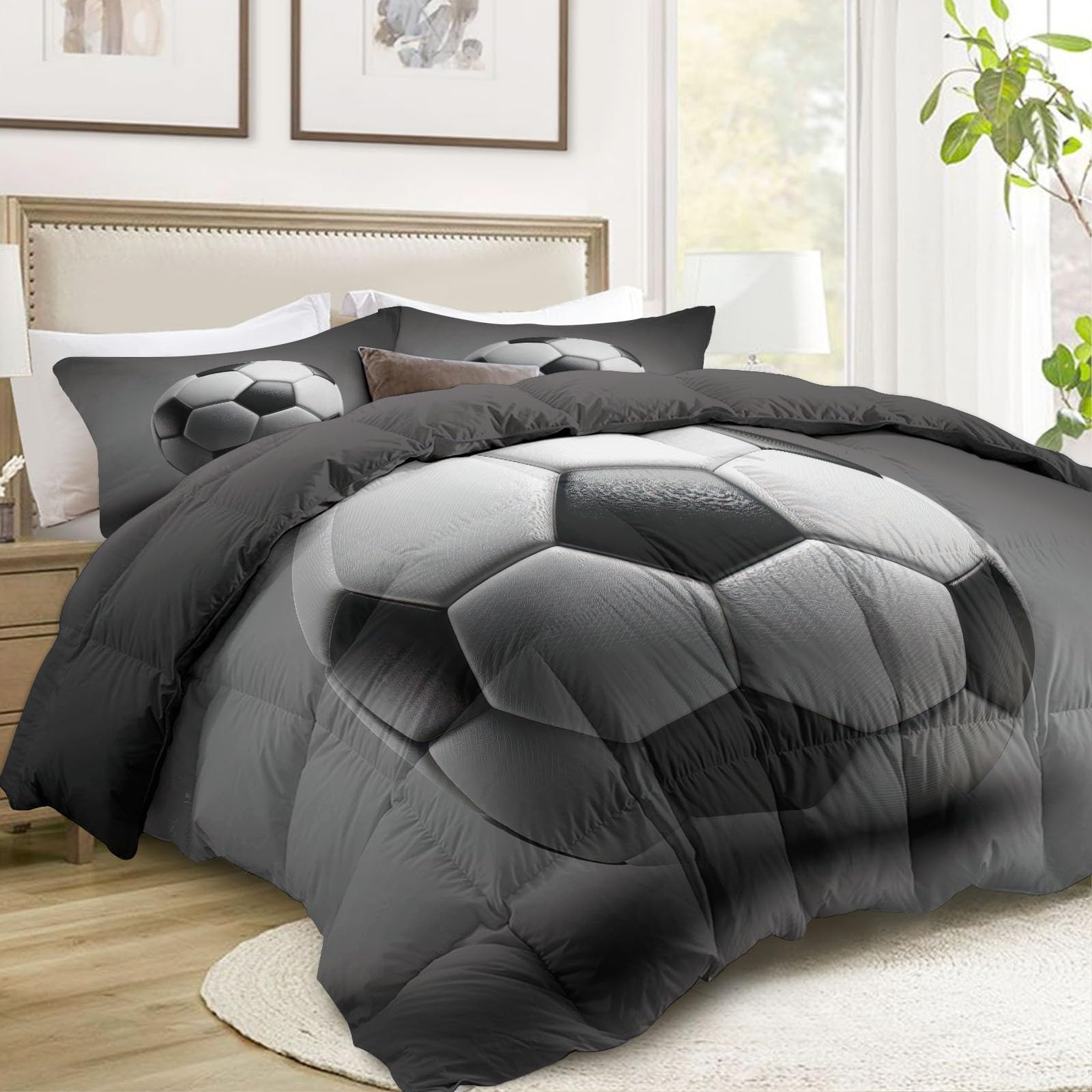 Generisch Grauer Fußball Bettdecke 220 x 240 cm 4 Jahreszeiten Steppdecke, Sport-Geometrie Waschbare Ganzjahresdecke Jungen Bettwaren Set Kinderzimmer Spielzimmer Bettdecke Ohne Bezug
