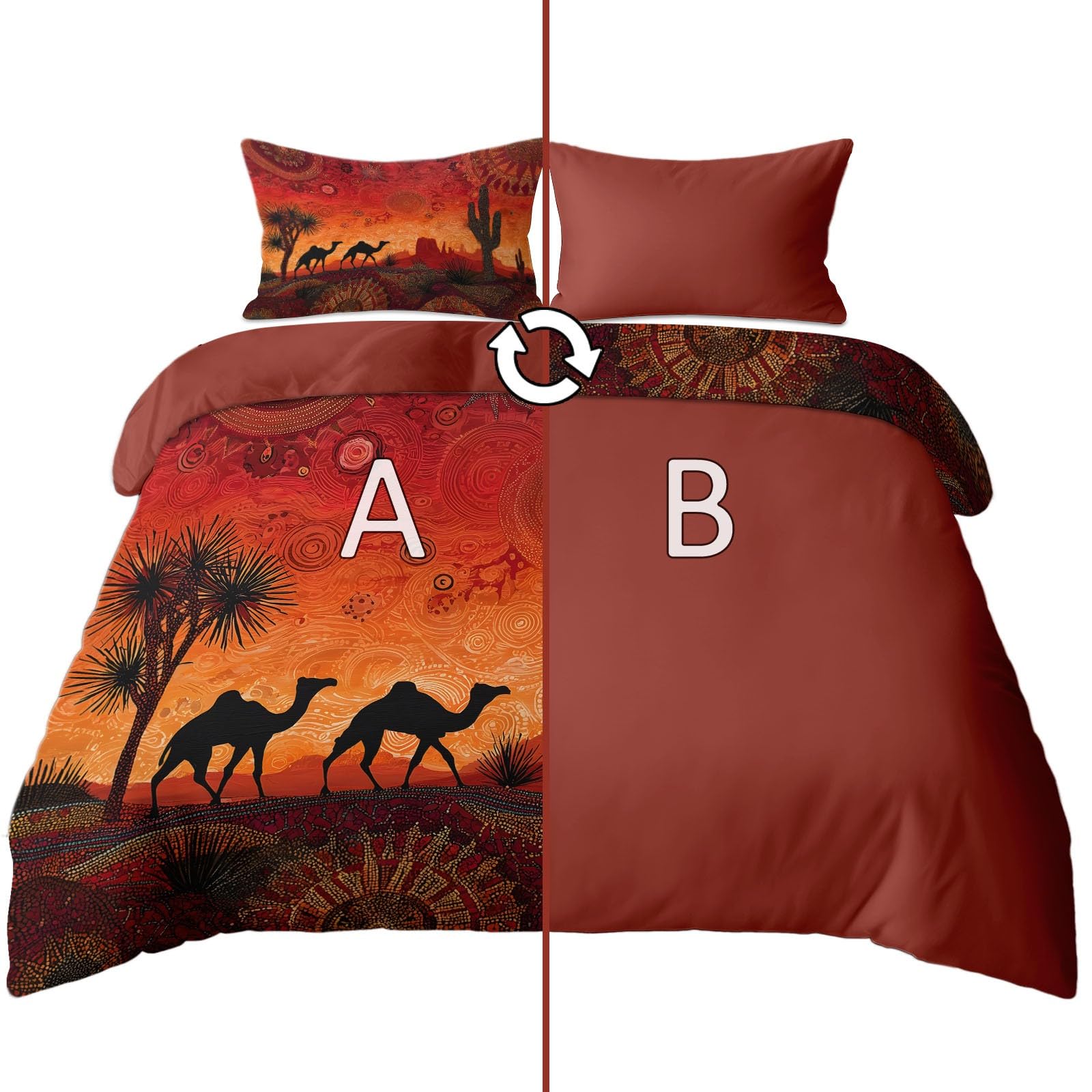 Generisch Boho Stil Kamel Kaktus Wüste Sternbilder 3-teiliges Bettwäsche-Set, 1 Bettbezug 240 x 220 cm und 2 Kissenbezüge 80 x 80 cm,aus bügelfreier Mikrofaser Ziegel