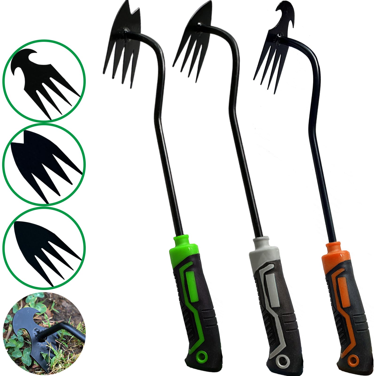 YDKOJGW 3 herramientas de eliminación de malezas, herramienta de extracción de malas hierbas de jardín con mango de goma, 4 dientes, herramienta manual de doble propósito para extraer malezas para