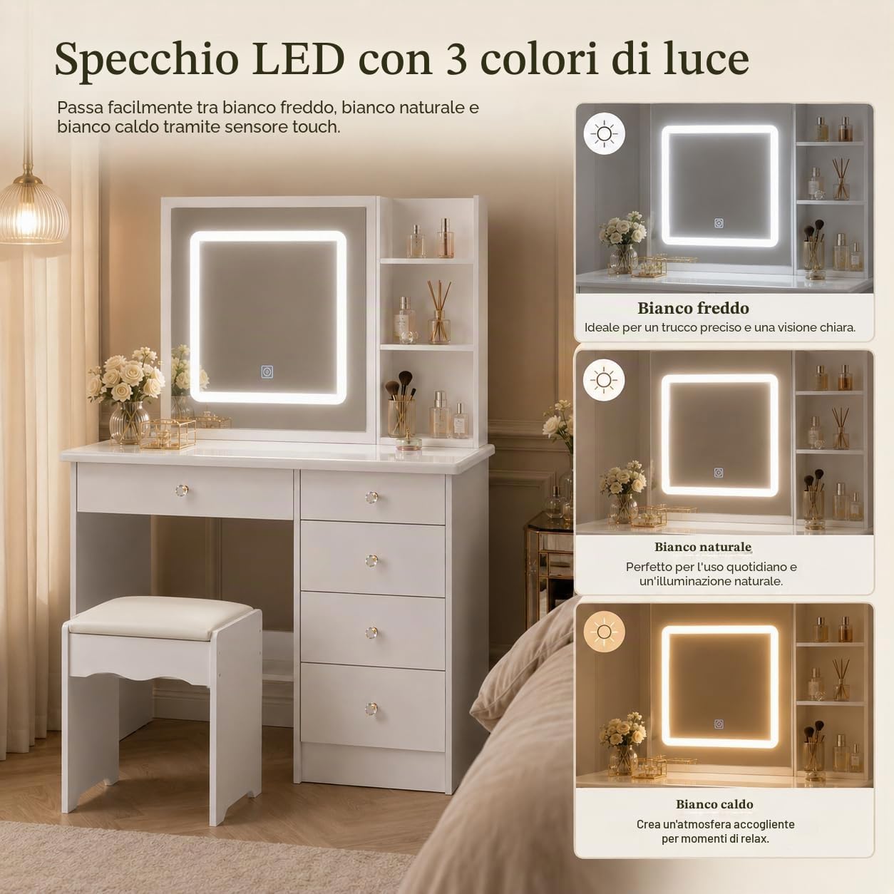 Tavolo da Toeletta Con Grande Piano in Vetro, Illuminazione a 3 Colori, Specchio e Sgabello - 5 Cassetti e 4 Ripiani - Bianco