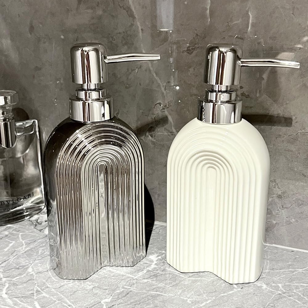 Dispenser di Sapone in Ceramica con Pompa, flacone Dispenser for lozione dal Design Semplice, Dispenser di Sapone Liquido Ricaricabile for Cucina, Bagno, Toilette(Silver)