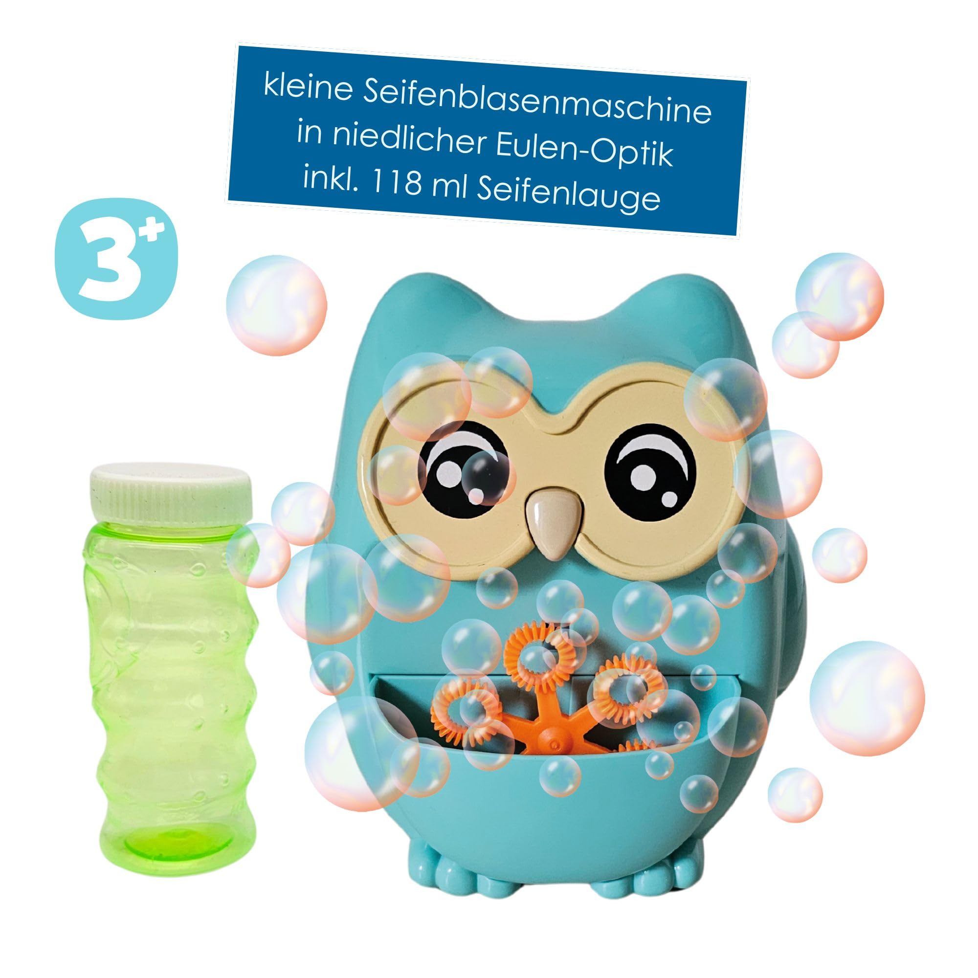 alldoro 60615 Maszyna do baniek mydlanych, sowa – zasilana na baterie, turkusowa, 12,5 x 11,3 x 10,3 cm, w zestawie 118 ml ługu mydlanego – przenośna