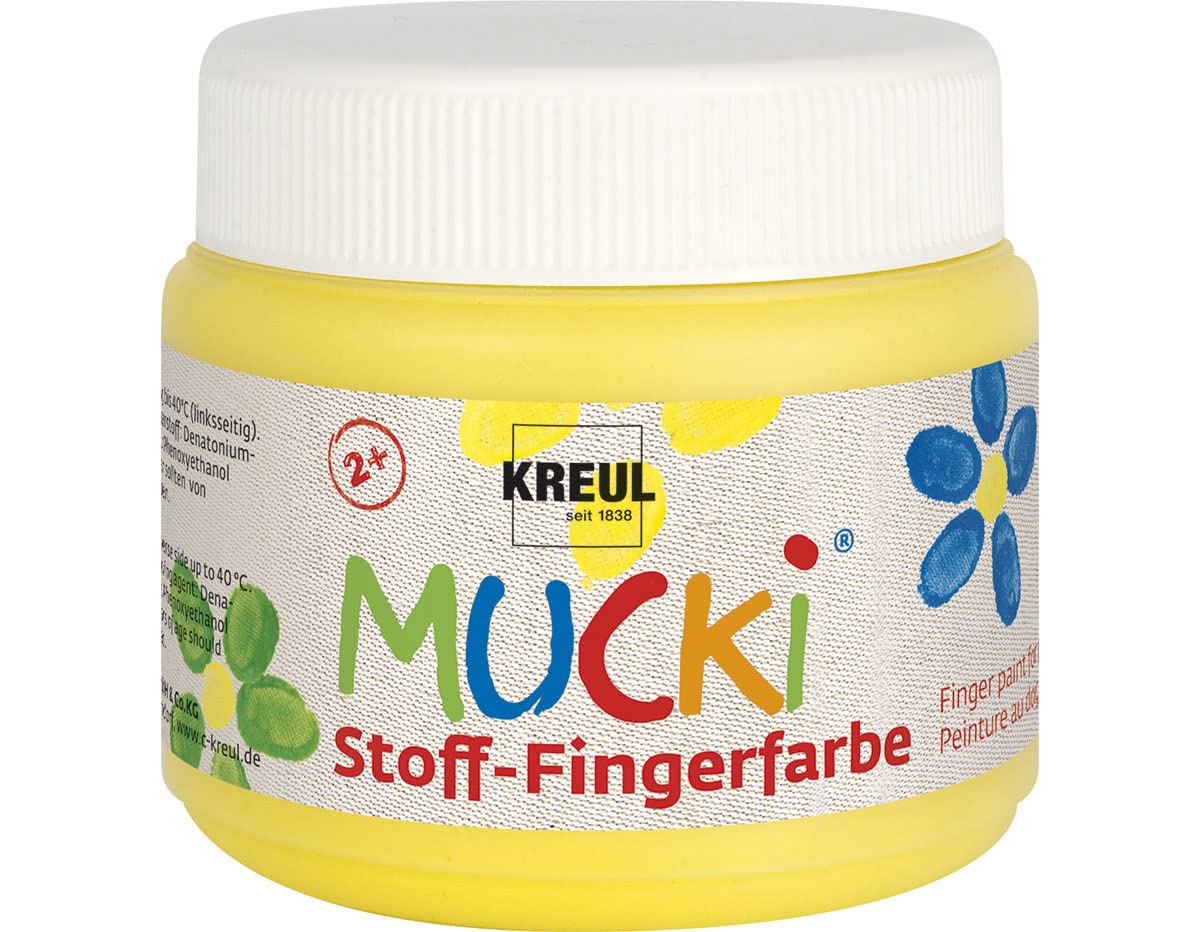 KREUL 28102 - Mucki pintura luminosa para dedos de tela, 150 ml en amarillo, a base de agua, sin parabenos, sin gluten, sin lactosa y vegana