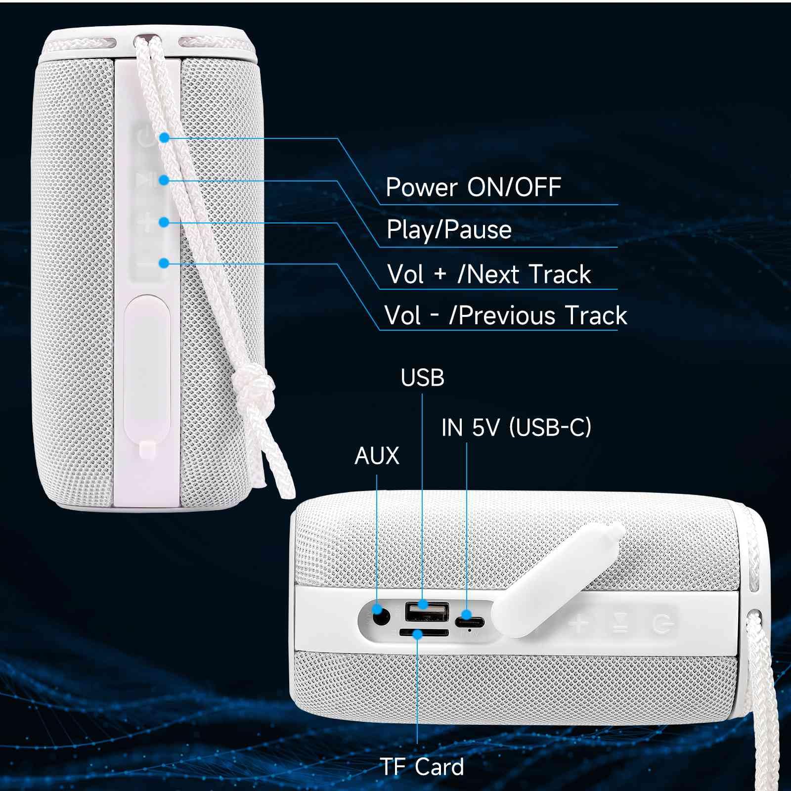 UrbanX Scorpio Series Bluetooth Speaker, IPX6 Waterproof Speakers HD Surround Sound with Punchy Bass, True Wireless Pairing, BT5.3, Portable Speaker for Blade V8 Lite - White