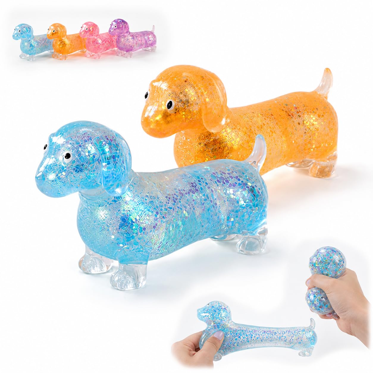 DVDVBOOM Sausage Dog Squishy Fidget Toy, Viral Cheap Slow Rising Squishies for Adult, Mini Glitter Stress Squeeze Toys(2, BlueOrange)