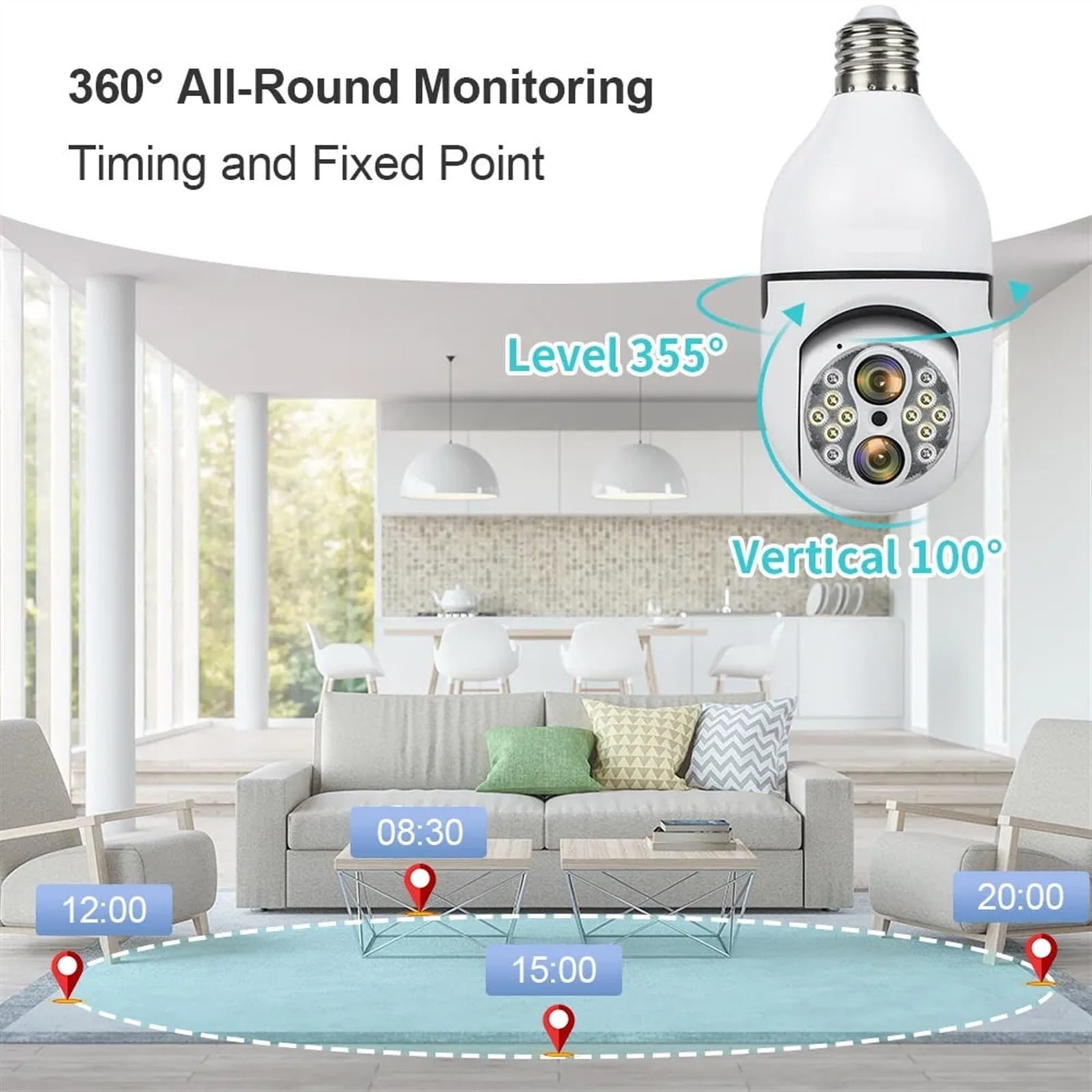 Camera Surveillance, Caméra PTZ à double objectif 2K 4MP, ampoule à double objectif, suivi automatique humain, caméra de sécurité sans fil, Interface E27, Zoom optique 10X ,Sécurité, Antivol(4MP NO SD