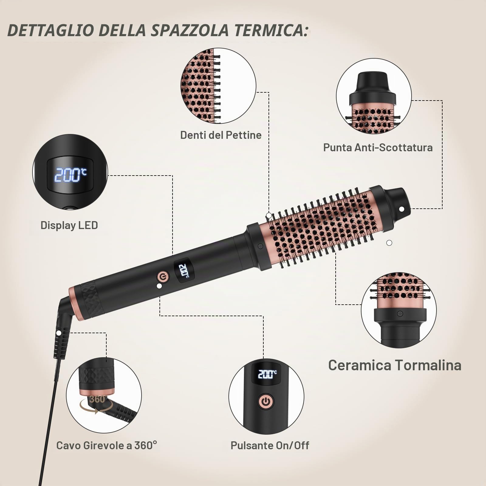 Qingning Spazzola Termica 38mm, Thermal Brush con Display Digitale LCD 120-200 ℃, Spazzola Arricciacapelli per Capelli Ricci, Spazzola Rotonda Spazzola Lisciante per Capelli Lunghi e Corti (Dorato)