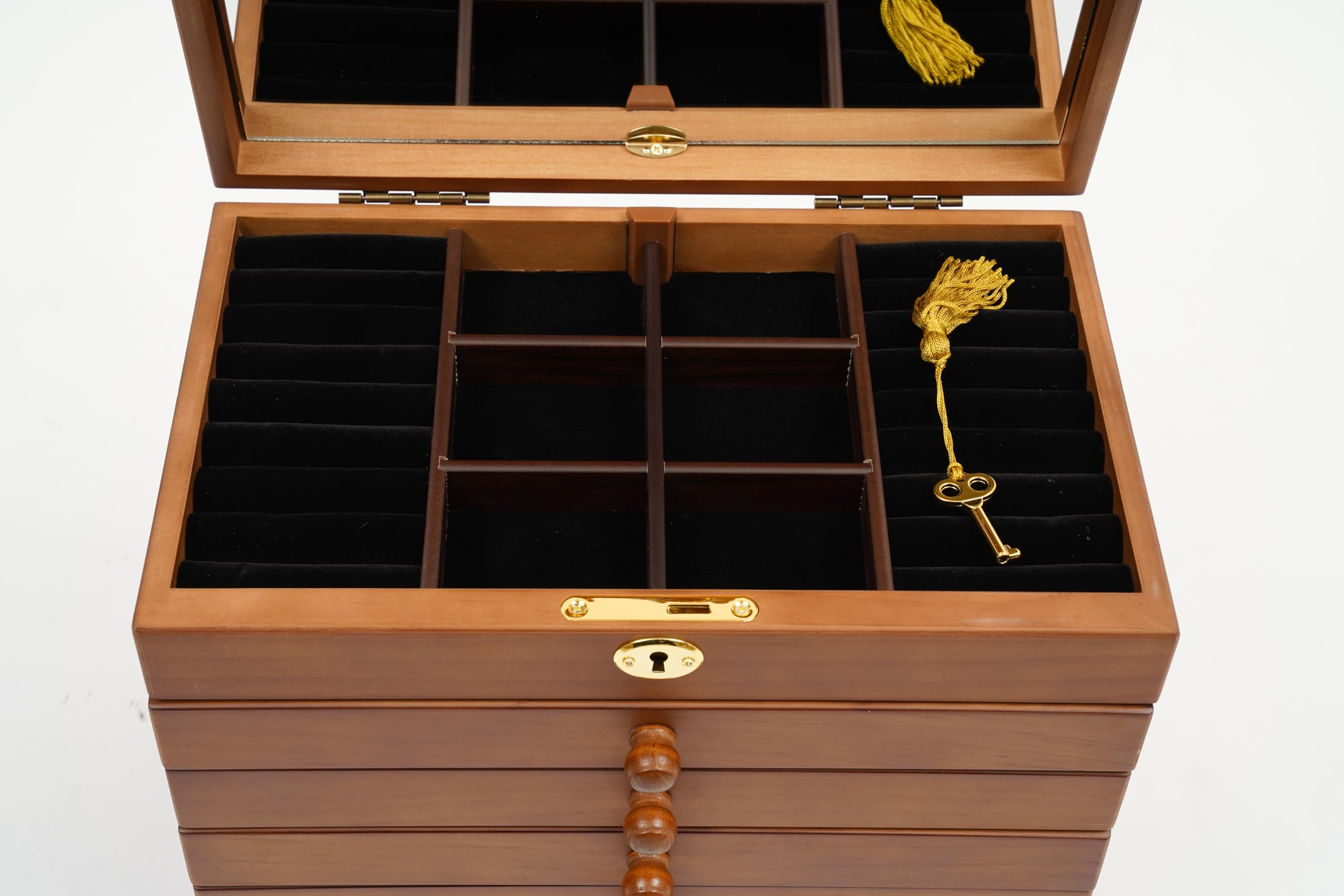 Organizer na biżuterię z 6 szufladami w stylu vintage, aksamitna szkatułka na biżuterię z drewna, rzeźba, styl chiński, szkatułka na biżuterię z lustrem i zamkiem