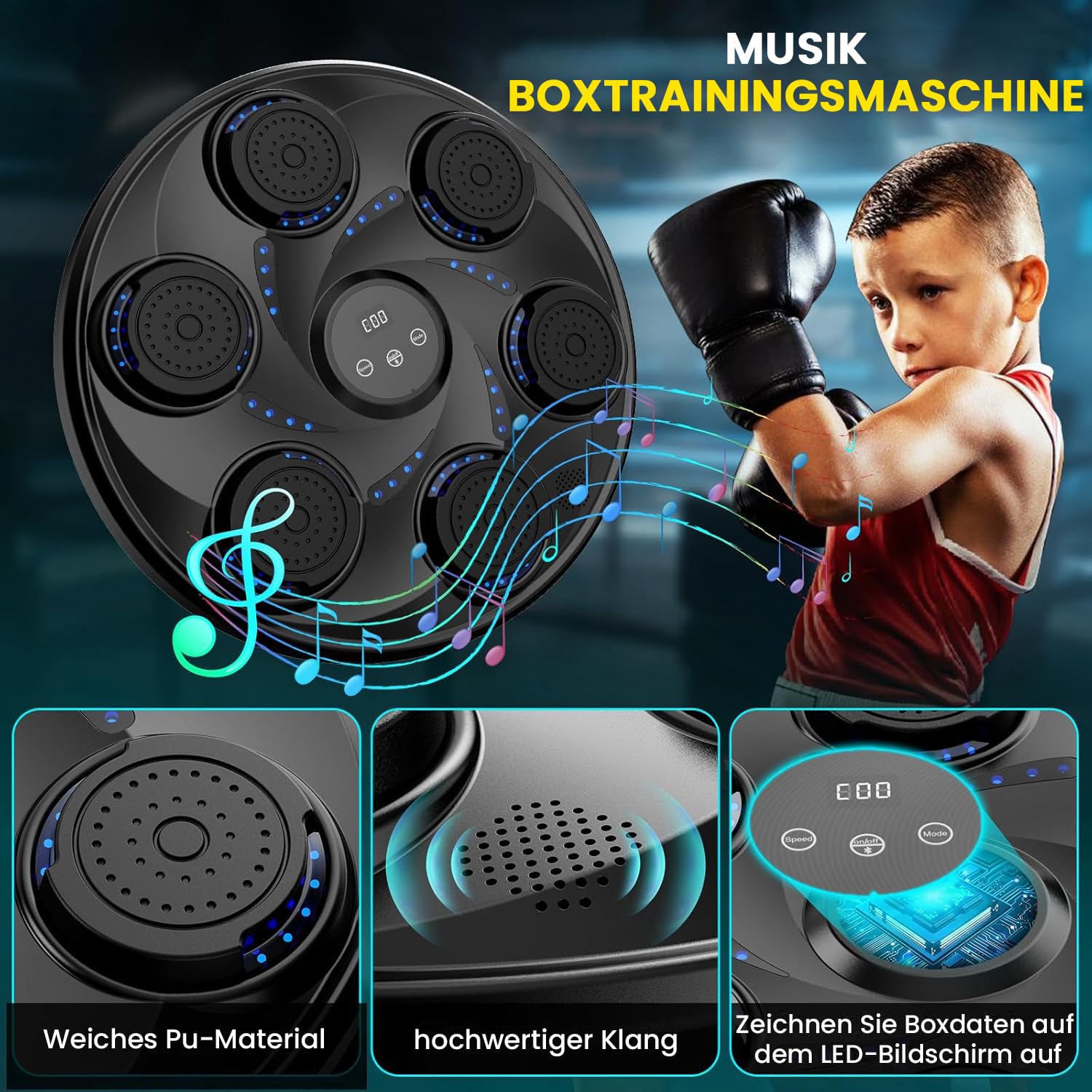 2025 Neu Music Boxing Machine mit Bluetooth,LED Licht BoxMaschine mit Musik mit Boxhandschuhen, Elektronische Boxing Machine zur Wandmontage mit 9Geschwindigkeitsmodi und Zählmodus