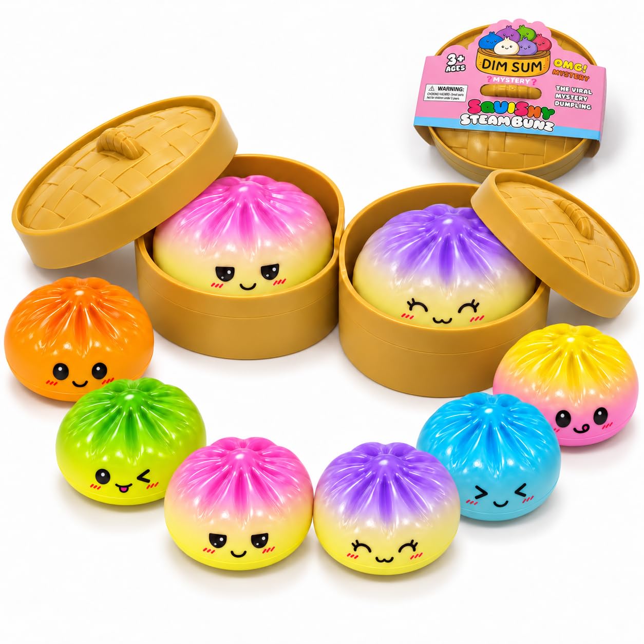 2PCS Mystery Dumplings Squishy Toy - PU Random Bao Bun Squishy with Steamer Box, Stress Relief Slow Rising Squishies Dumpling for Teens and Adults, Desk Decor & Party Favor Gift, Fidgets Squishy