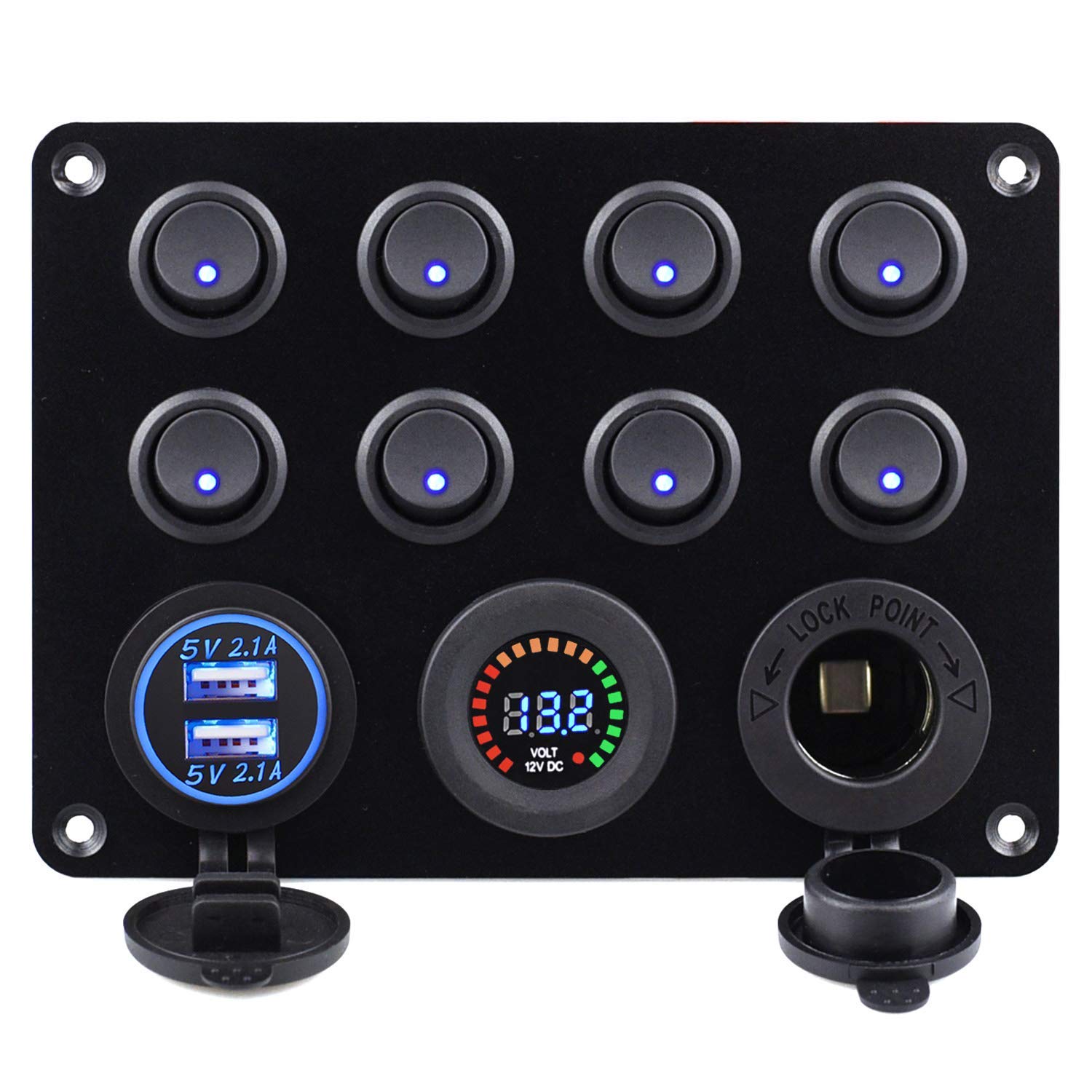 MACHSWON 8 Gang ON/Off Toggle Rocker Switch Panel with 12V-24V LED Digital Voltmeter 3.1A Dual USB Charger Cigarette Lighter Socket Overload Protection For RV Truck Boat SUV