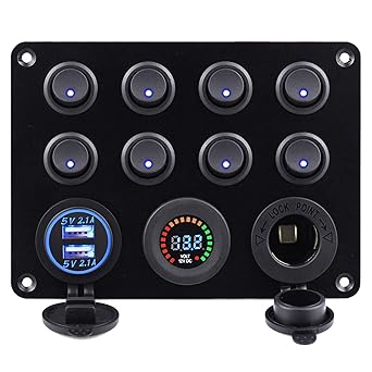 8 Gang ON/Off Toggle Rocker Switch Panel with 12V-24V LED Digital Voltmeter 3.1A Dual USB Charger Cigarette Lighter Socket Overload Protection For RV Truck Boat SUV