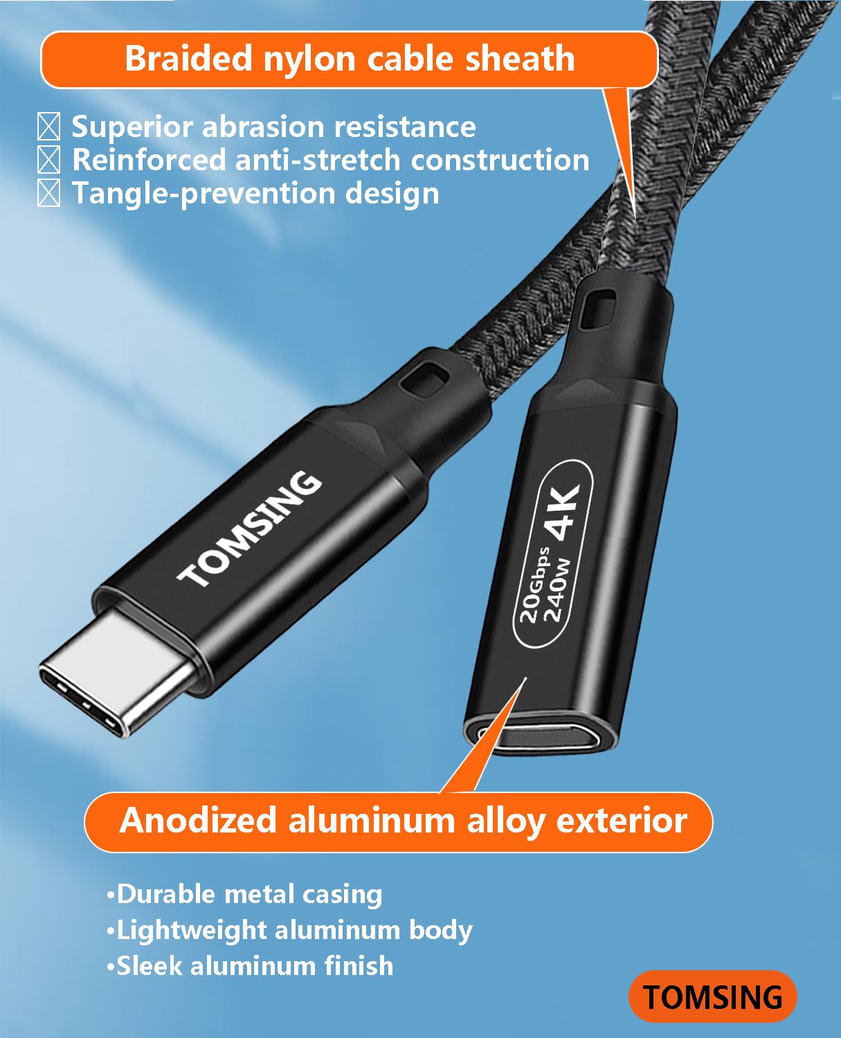 Cavo di prolunga USB C da 240 W, 20 Gbps, 4 K a 60 Hz, extra lungo, USB 3.2 tipo C maschio a femmina, prolunga per ricarica e sincronizzazione per smartphone, tablet, laptop, PlayStation, Xbox