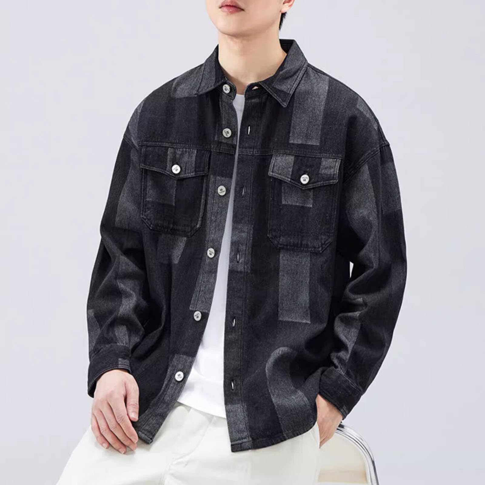 Camicia in Denim a Maniche Lunghe abbottonata Bicolore da Uomo