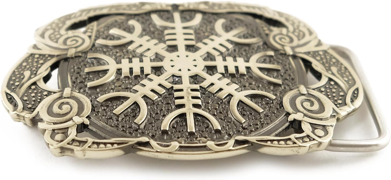 Helm of Awe German silver belt buckle, Viking Helm of Terror Old Norse Scandinavian Pagan solid nickel silver belt buckle, Aegishjalmur with dragons buckle