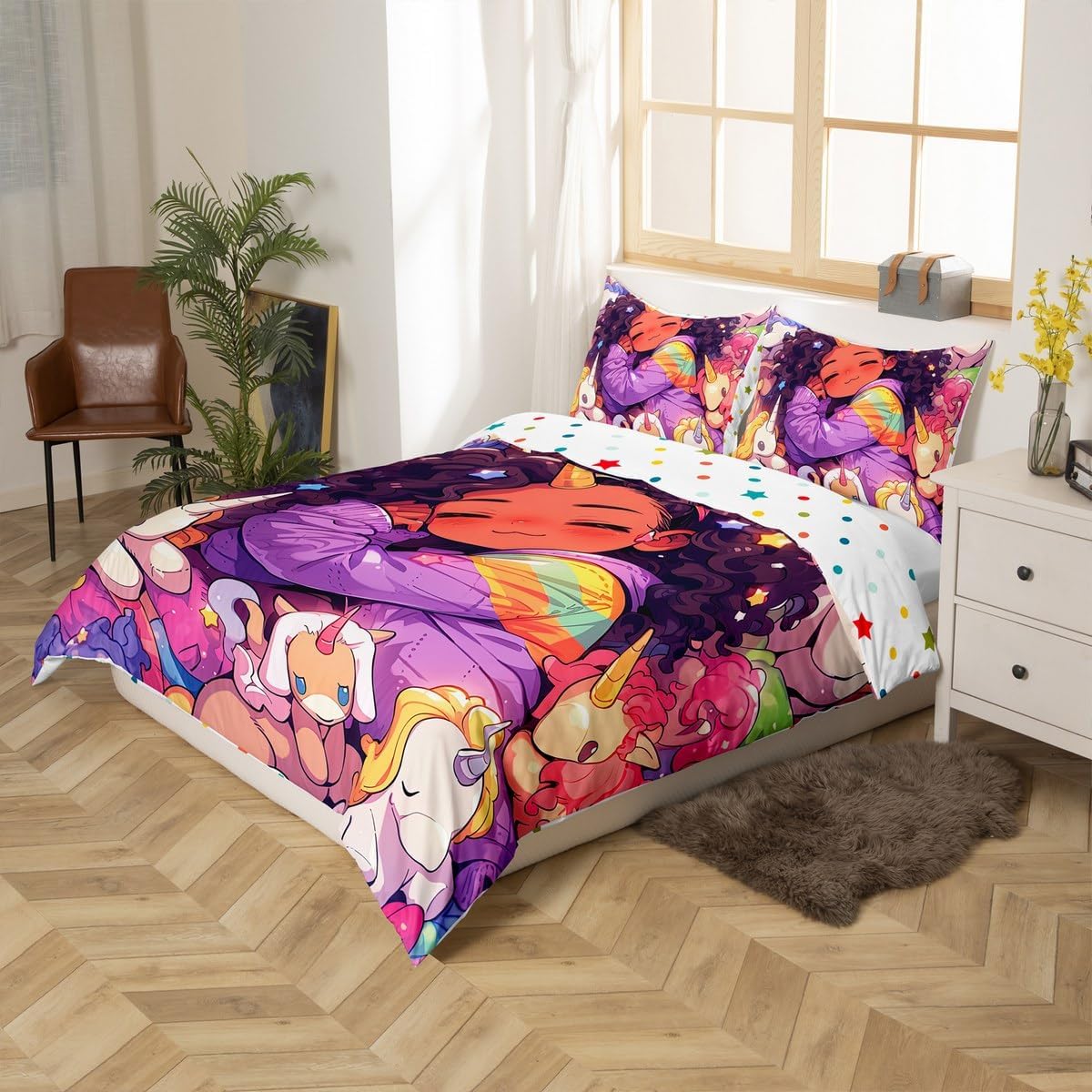 Black Girls Twin Bedding Sets for Girls,Cartoon Unicorn Comforter Cover American African Kids Duvet Cover,Afro Hair Girl Princess Melanin Bed Set Magical Animal Dreamy Horse Kawaii Room Decor