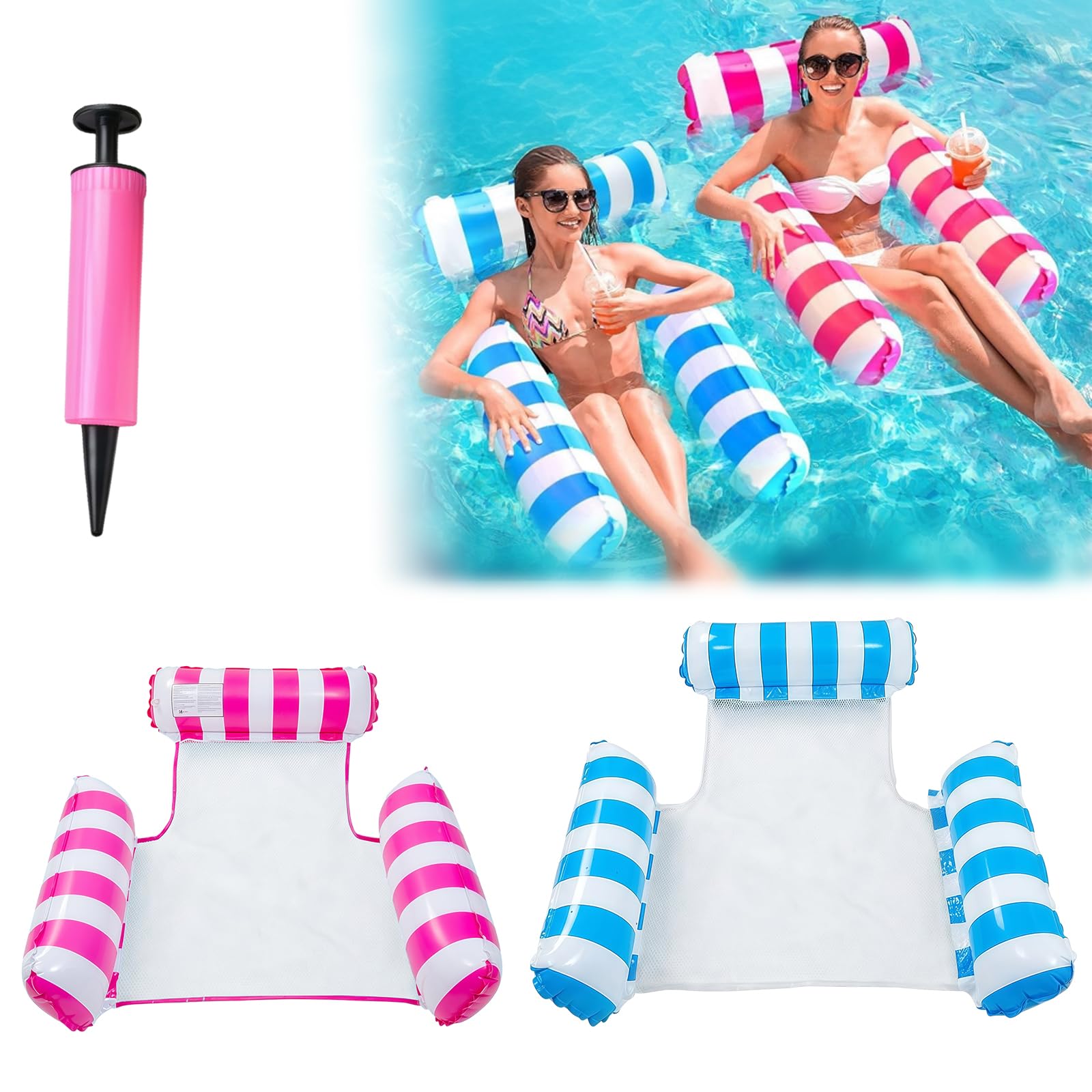 Pool Inflatables Floats, 2 Pack Inflatable Pool Floats Hammock for Adults Relaxing Pools Lounger Inflatable Swimming Toys, Tanning Pools Floating Mattress with a Manual Air Pump (Blue, Pink)