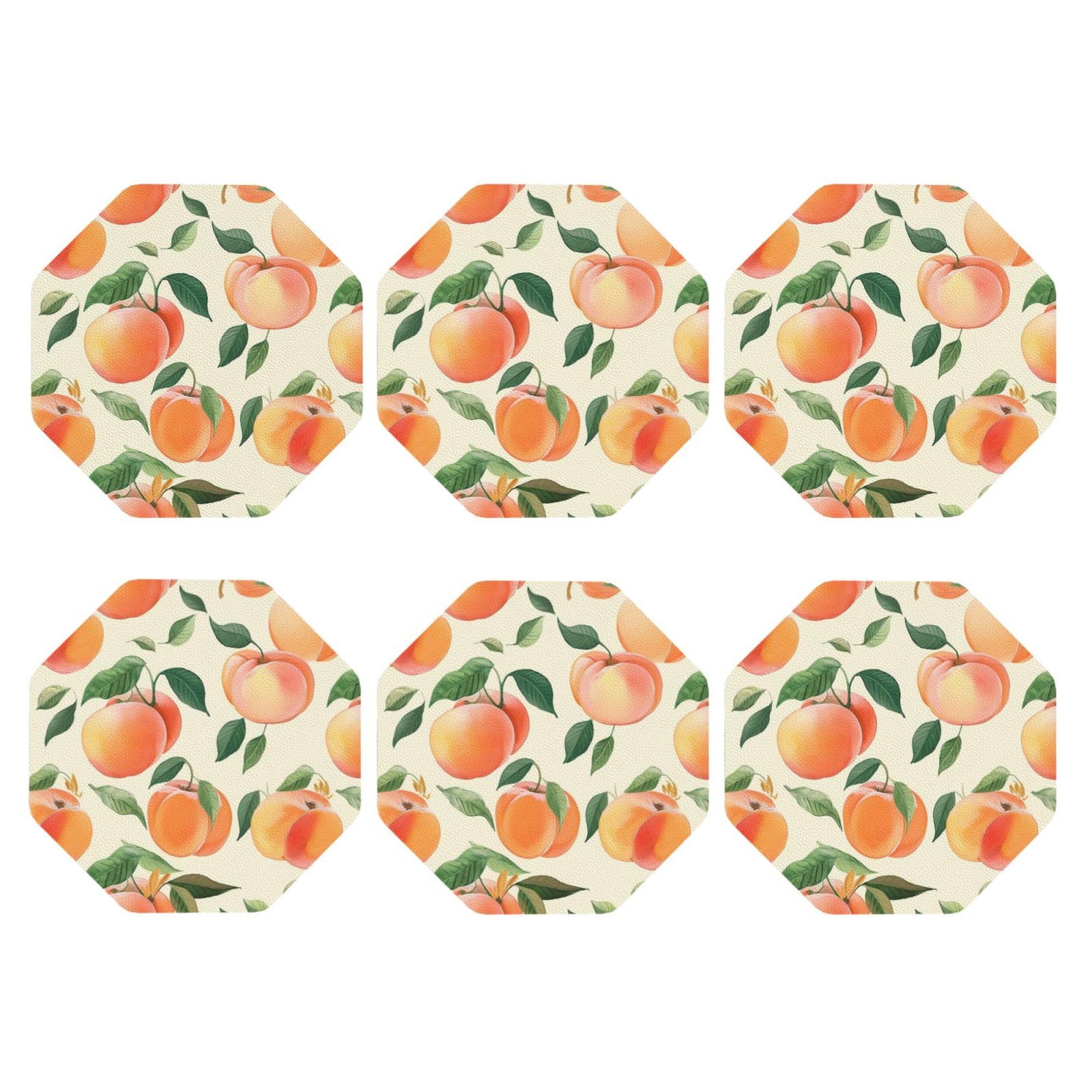 6pcs Leather Coasters for Drinks, Peach Drink Coasters for Tabletop Protection, 4" Cup Coasters for Coffee Table Decor, Non-Slip Drinking Cup Mat for Hot Or Cold Drink