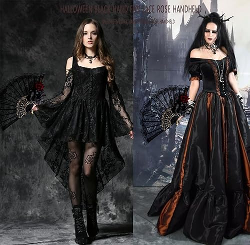 Miniatura 4 de Abanico de mano negro de Halloween con rosa de encaje, diseño vintage retro de flores españolas, gran abanico plegable para mujeres y niñas, fiesta