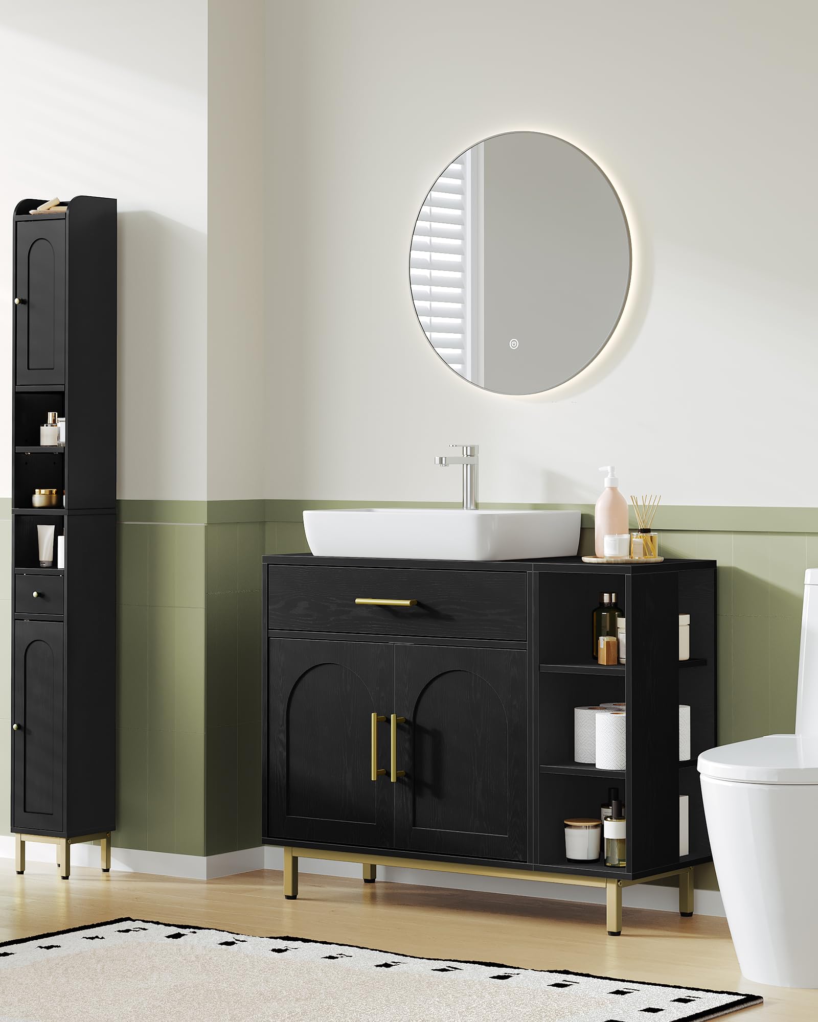 Hzuaneri Mobile Sottolavabo per Bagno, Mobiletto da Bagno, 1 Cassetto 2 Ante, Scomparto Aperto con 3 Livelli, Scomparto regolabile, 30 x 80 x 64 cm, Nero BC28804G