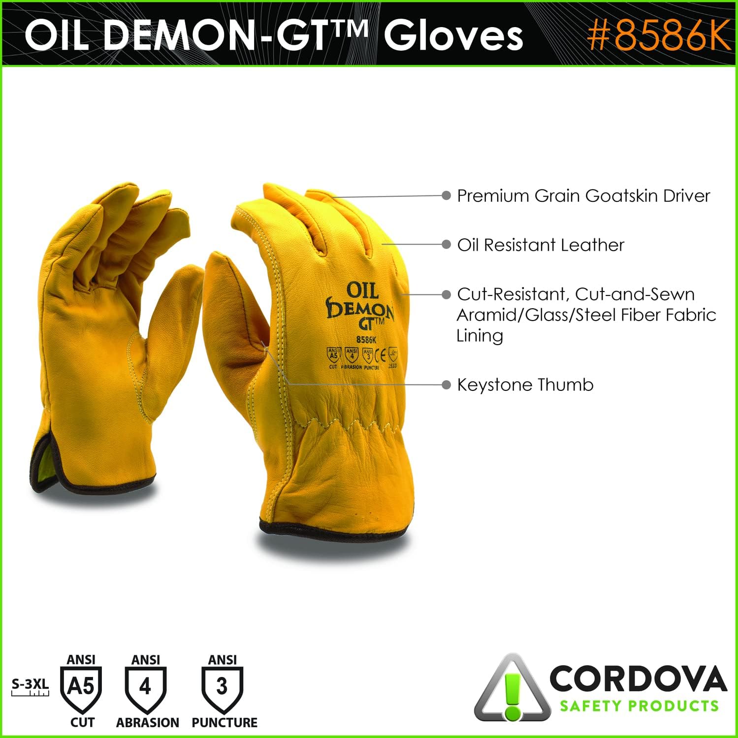 Cordova 8586K Oil Demon Gt Gloves, Premium Oil-Resistant Grain Goatskin Driver, Aramid/Glass Fabric Lined, Keystone Thumb, ANSI Cut Level 5, Large, 12-Pack