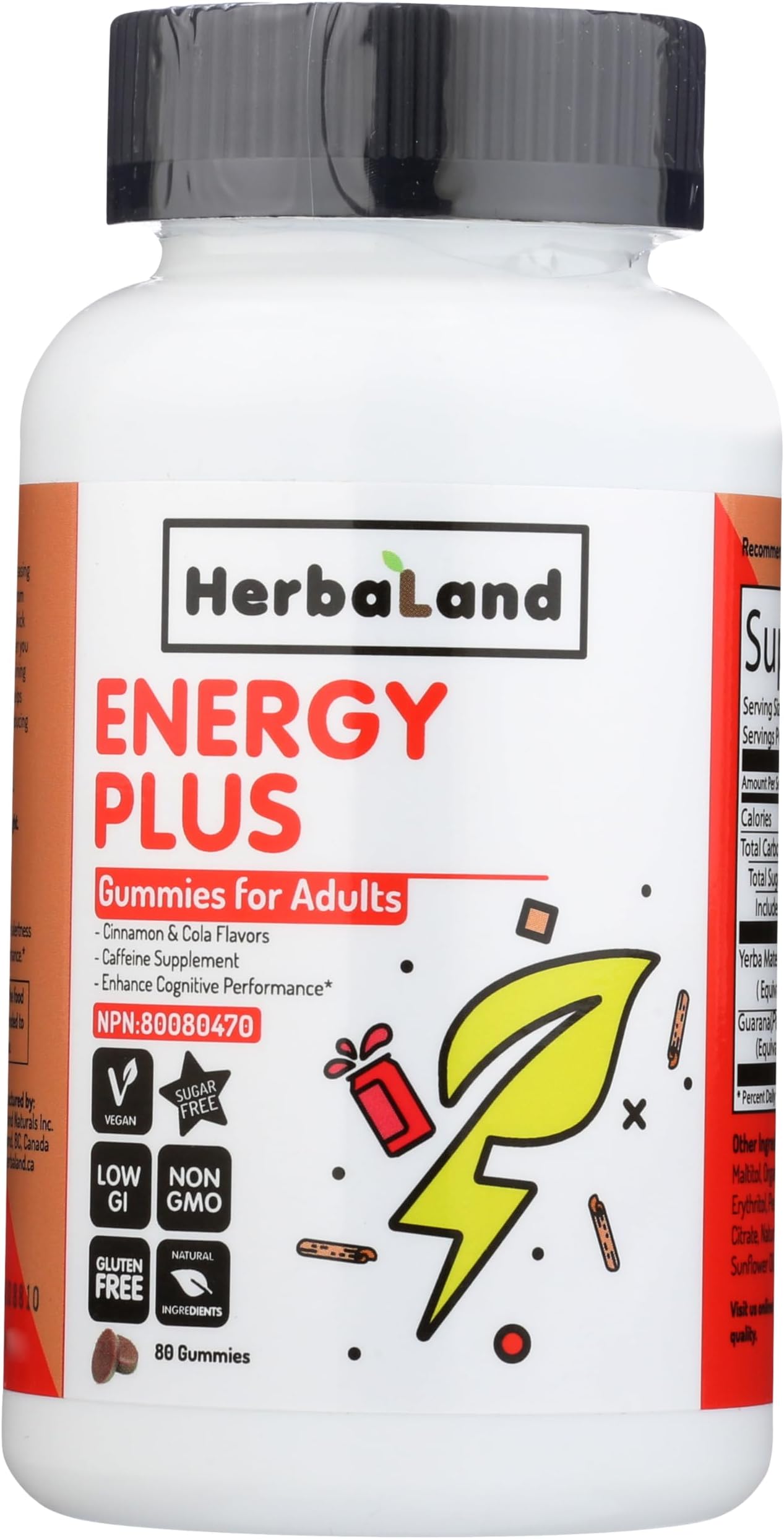 Vegan Energy Plus Supplement by Herbaland - Plant-Based Sugar-Free Vitamin Gummies for Boosting Energy - Caffeine sourced from Guarana and Yerba Mate - Cinnamon and Cola Flavors - 80 Gummies