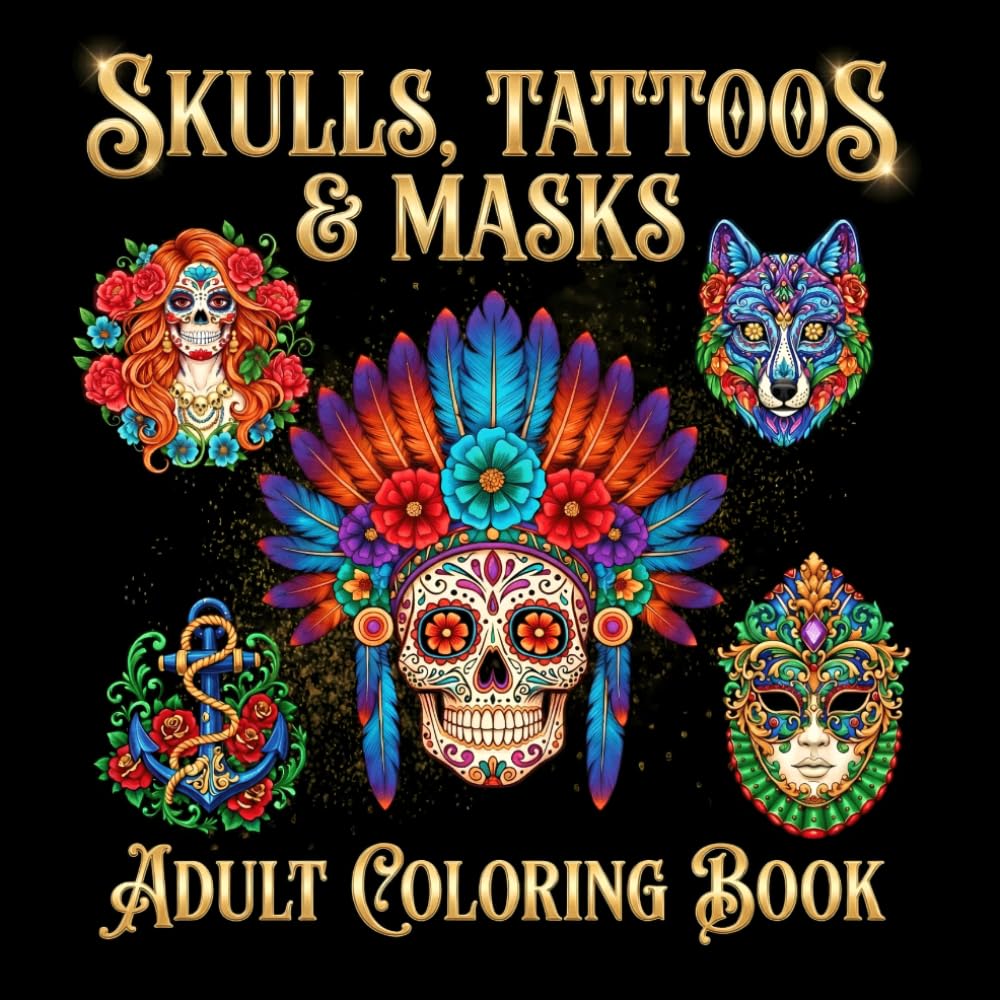Skulls, Tattoos & Masks Adult Coloring Book: Intricate Fantasy Designs for Relaxation and Creativity