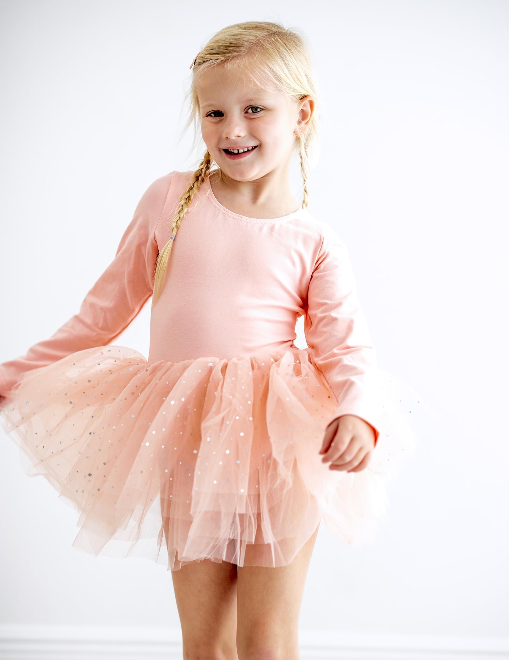 Arshiner Vestido de Tutú de Ballet para Niñas Malla de Manga Larga Traje de Baile de 4 Capas con Falda Brillante Traje de Ballet, Ropa de Baile para Edades de 2 a 11 años