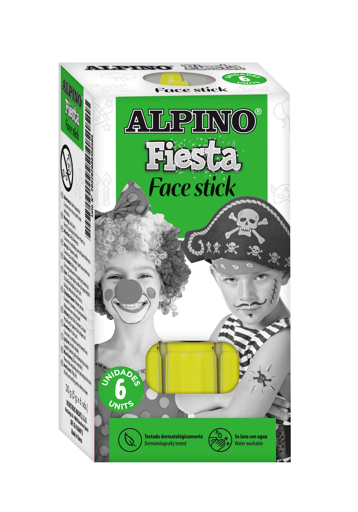 Alpino Maquillaje Face Stick Amarillo | Pintura Cara para Niños y Adultos | Pintura Cara Lavable con Aplicador | Producto Cosmético | Maquillaje para Fiestas | 6 Barras de Maquillaje