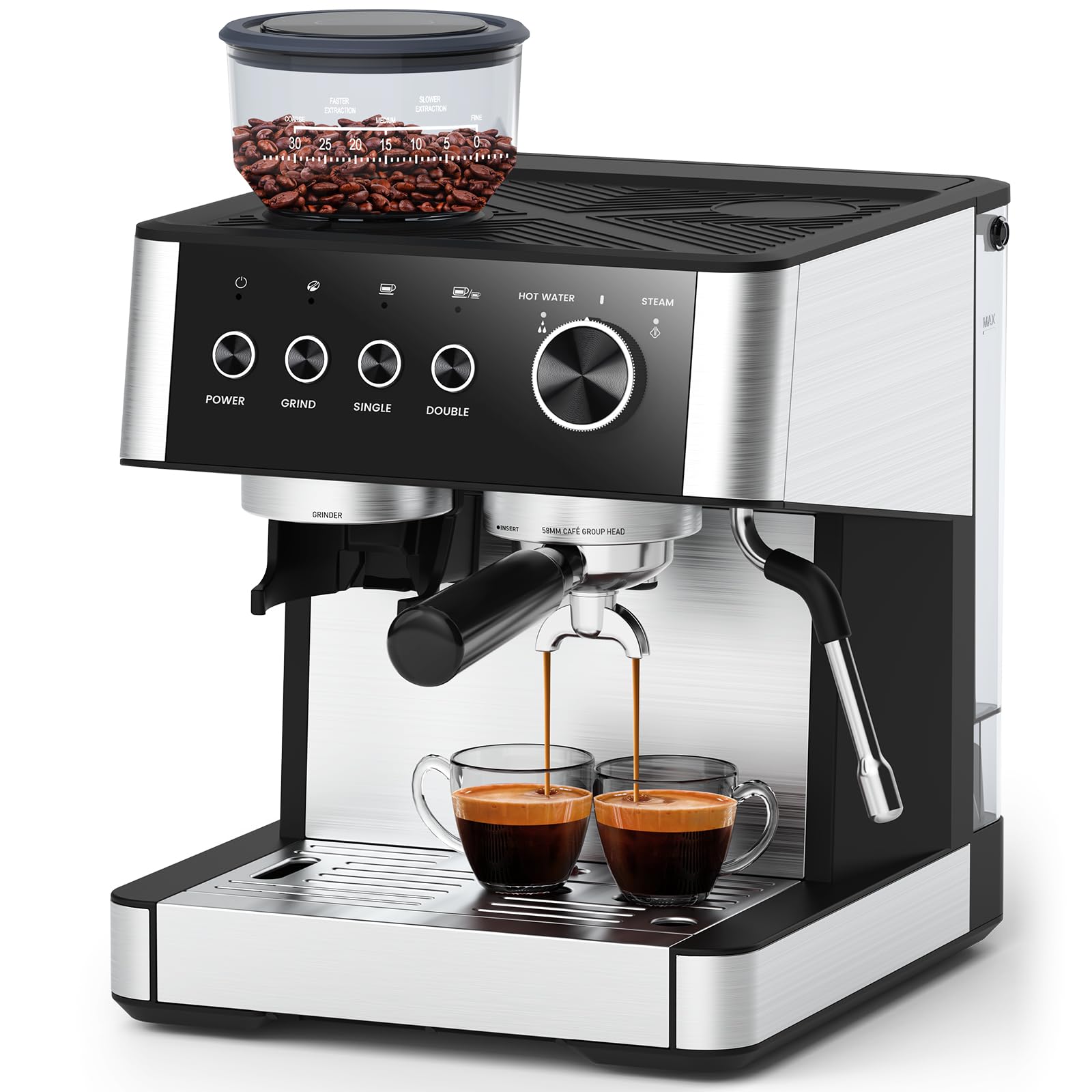 (2025 Upgrade)20 Bar Espresso Machine with Built-in Anti-Clog Coffee Grinder, Expresso Coffee Machines with Milk Steam Wand/Frother/Tamping Tools,Espresso Maker with Grinder for Lattes-Deep Black