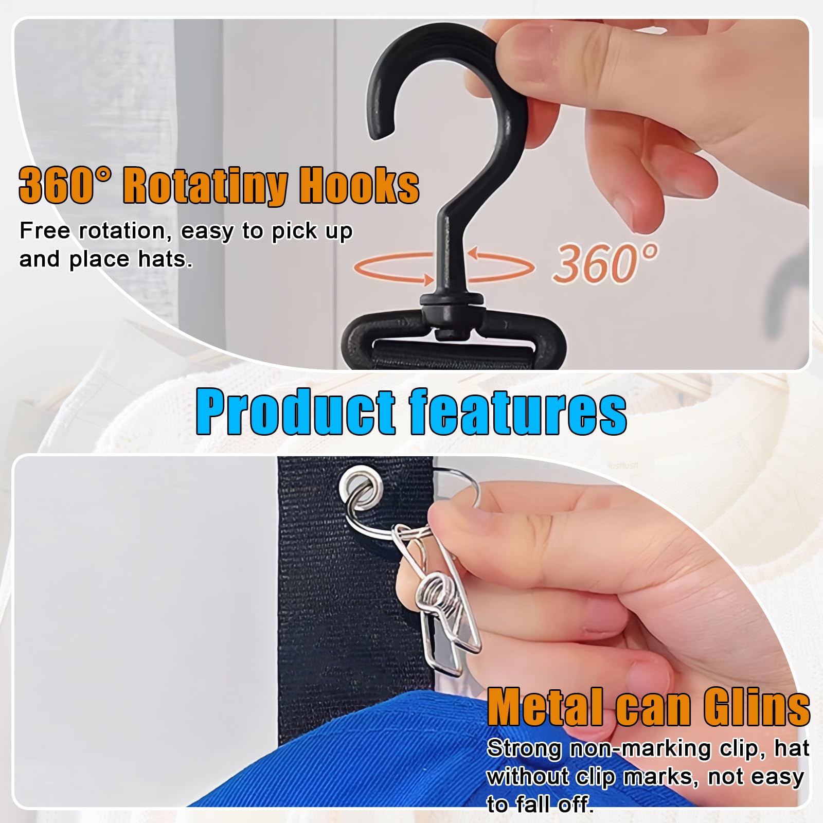 Organisateur De Casquettes Jetec 2 Pièces - 18 Crochets Réglables - Pour Porte Ou Placard - Noir