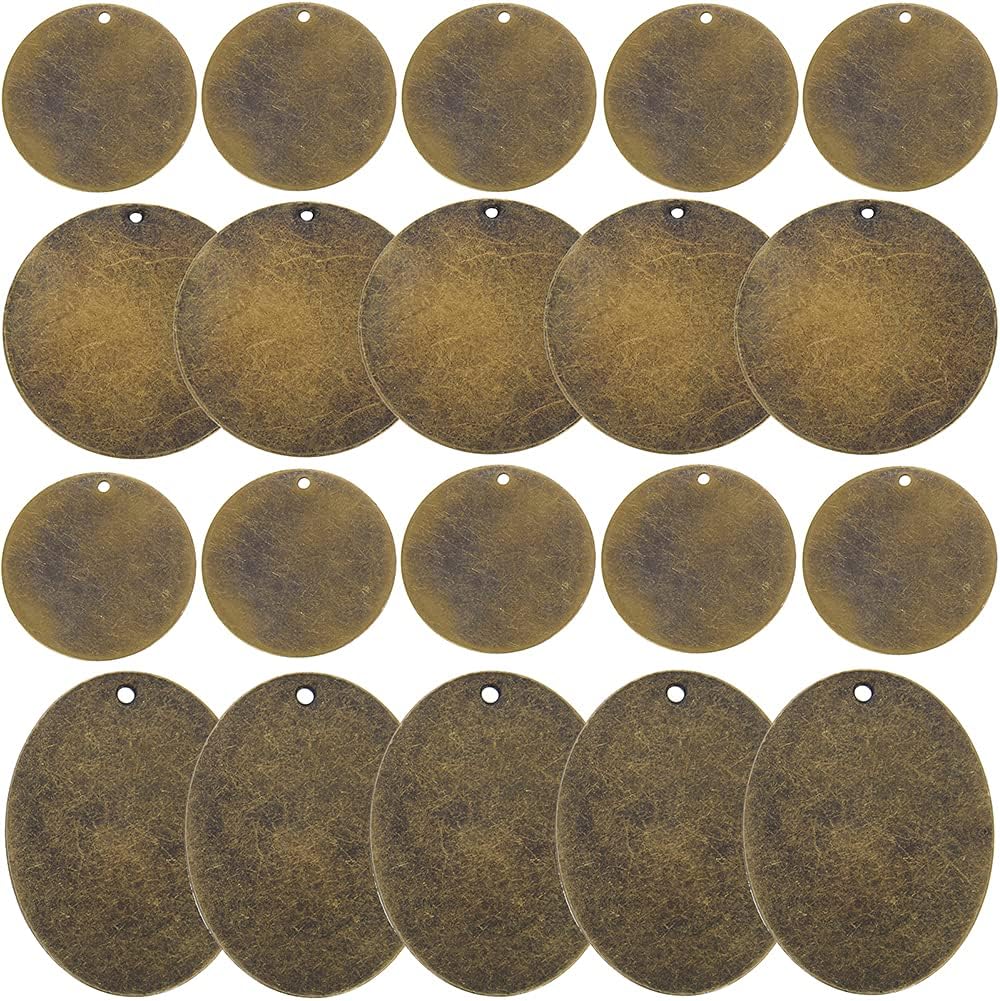 AKHAT 20 Pcs Copper Stamping Blanks Metal Letter Stamps for Jewelry Making Metal Tags and Dog Tag（Antique Bronze Tone, Circle and Oval）