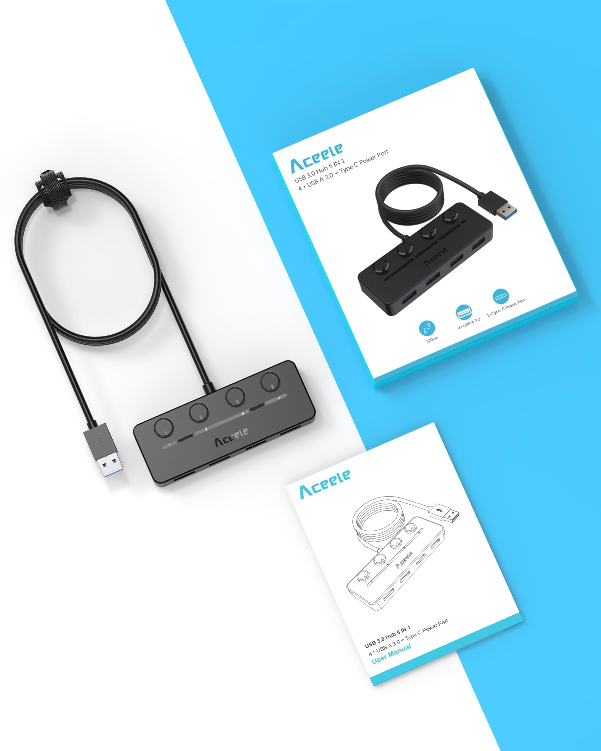 Aceele 4-portowy Koncentrator Usb Z Kablem Przedłużającym 120cm/4ft, Koncentrator Danych Usb A 3.0 Z Indywidualnymi Przełącznikami Zasilania Led Do Komputerów Pc, Laptopów, Pamięci Flash