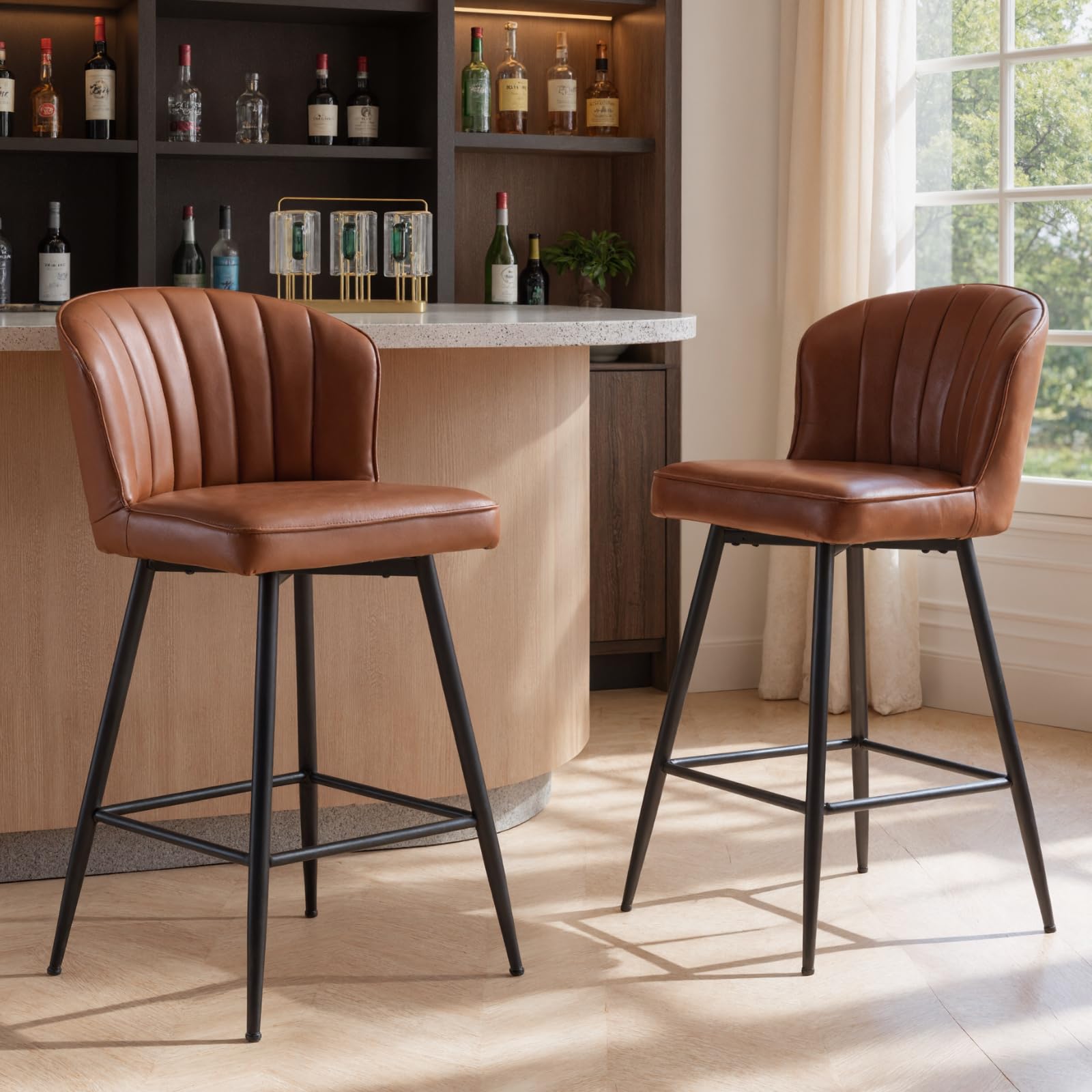 Ya-Home Juego de 2 Taburetes Altos de Bar con Patas de Metal，Sillas de Cocina de Cuero con Respaldo y Cojin Suave para Salon/Restaurante，Marron